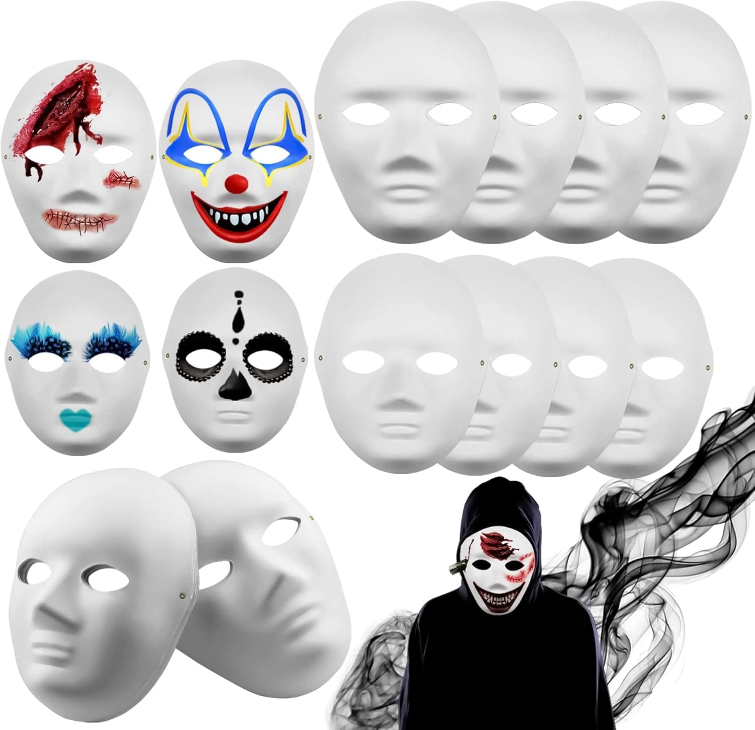 MotBach 8 Pack Blank White Paper Masks with Tied Ropes, Full Face Opera Mask, Paintable Paper Mask, Cosplay Masquerade Mask for Party, DIY Creativity, Carnival and Halloween (Men and Women)