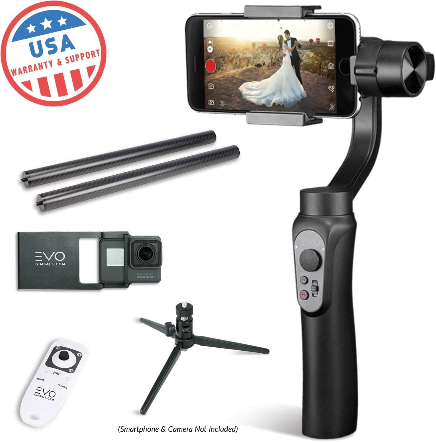 EVO Shift Camera Stabilizer Handheld Gimbal for iPhone or Android Smartphones - Bundle Includes EVO Shift, GoPro Adapter Plate, Tripod, Wireless Remote Gen2, 25mm CF Pole Set (5 Items)
