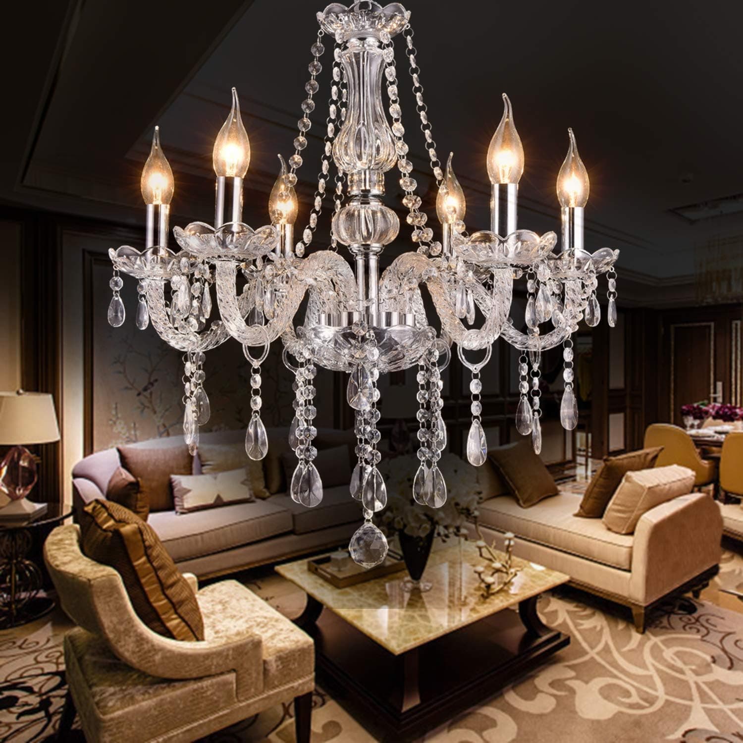 LIUMANG Modern Elegant 6 Lights K9 Crystal Glass Chandelier Pendant Ceiling Lighting European Style for Dining Living Room Bedroom Transparent, 6 E12 Bulbs Required