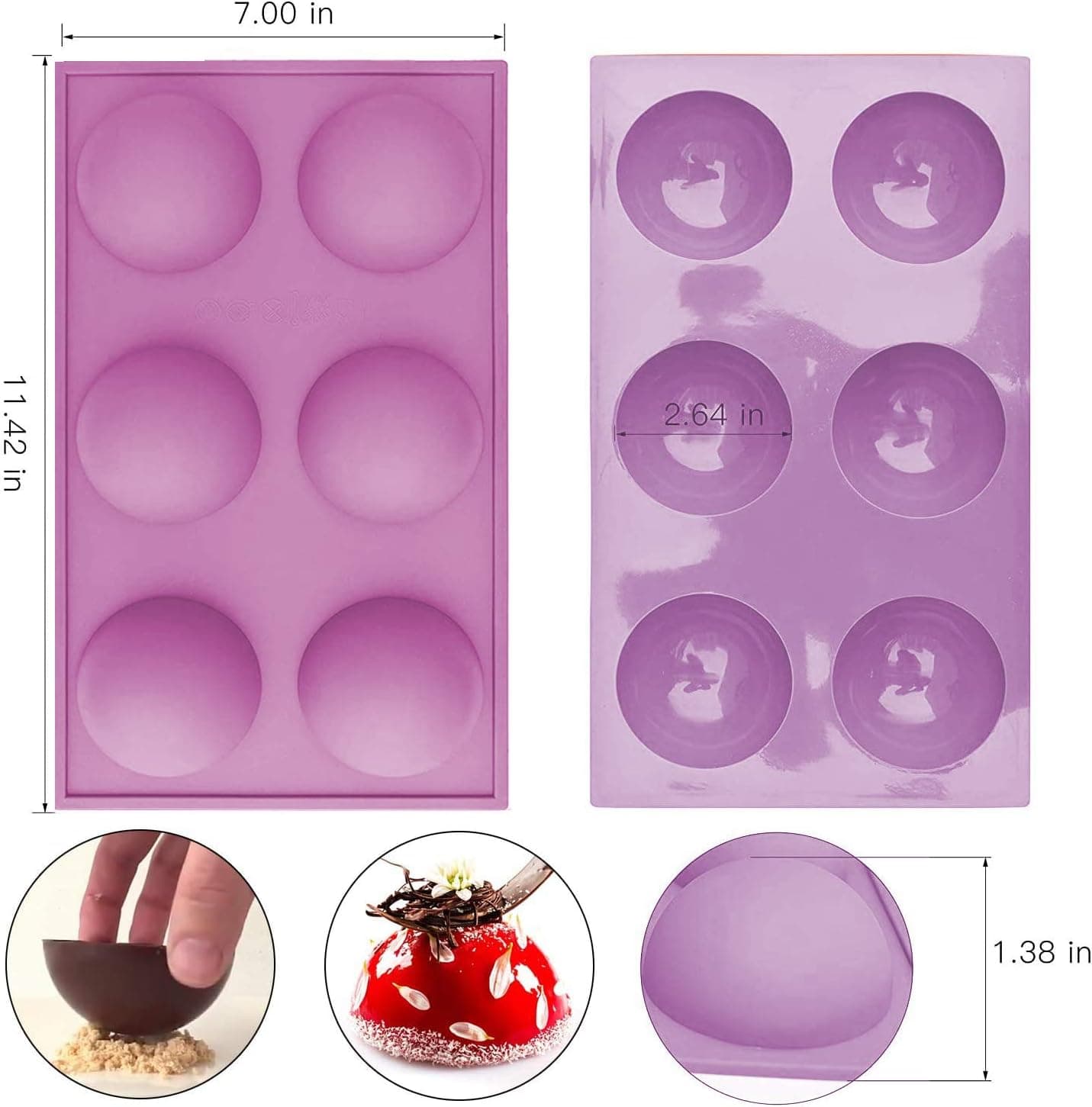 Large 6 Holes Semi Sphere Silicone Mold, Baking Mold for Making Chocolate, Cake, Jelly, Dome Mousse (3Purple)