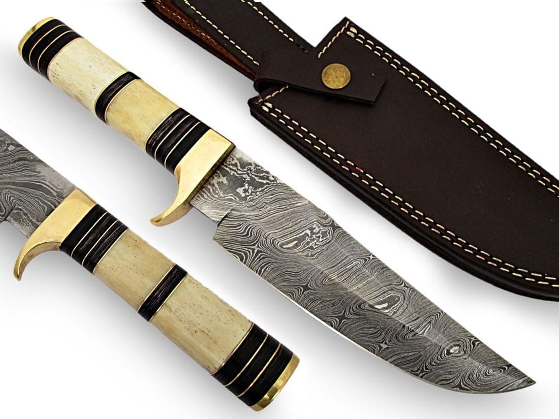 AishaTech Harpoon Hunting Knife Damascus Steel Blade Bone Handle
