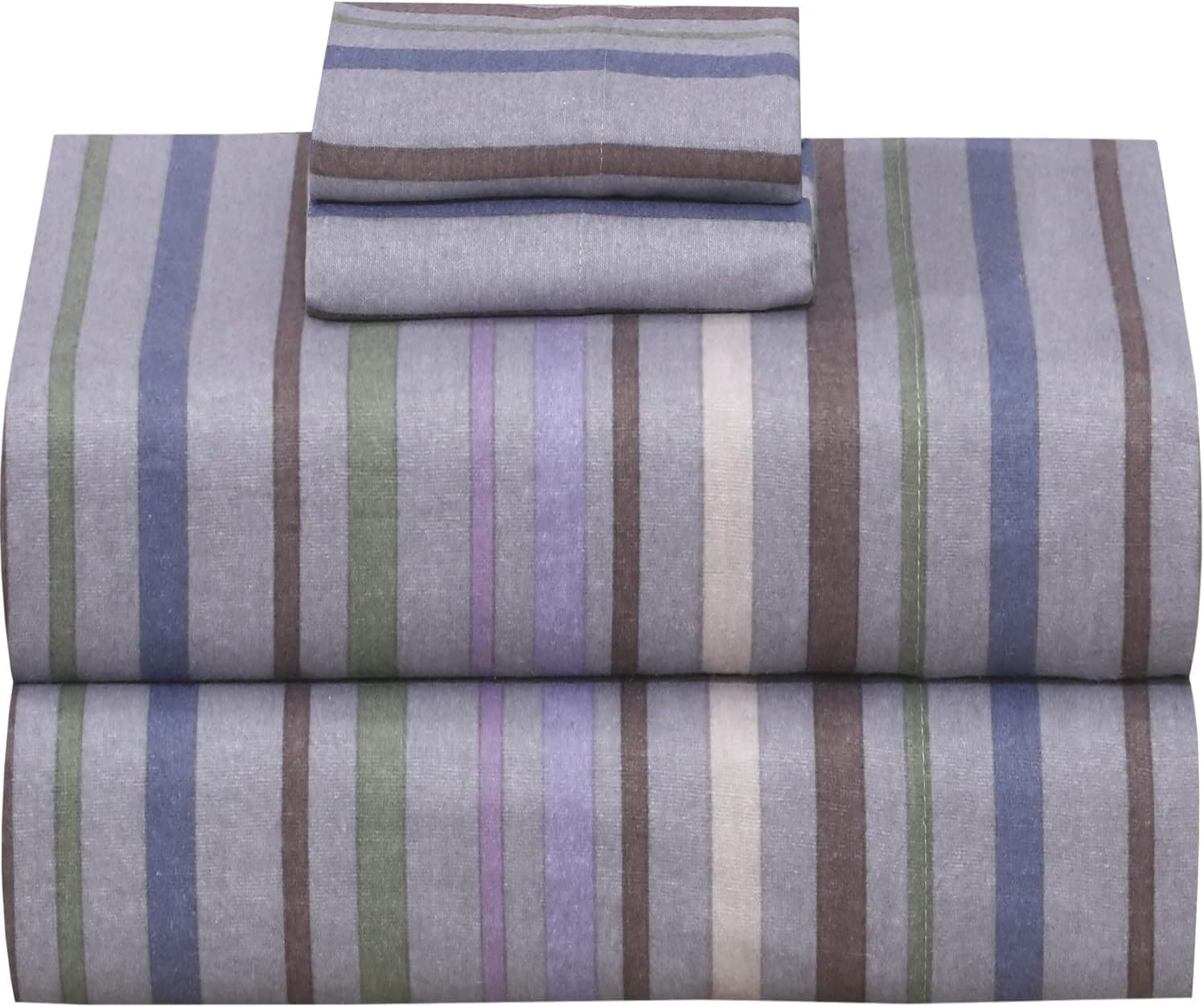 RUVANTI 100% Cotton 4 Pcs Flannel Sheets Grey & Blue Stripes Full Sheets Set, Deep Pocket, Warm, Super Soft, Breathable Moisture Wicking Bed Sheet Set Include Flat Sheet, Fitted Sheet, 2 Pillowcases.