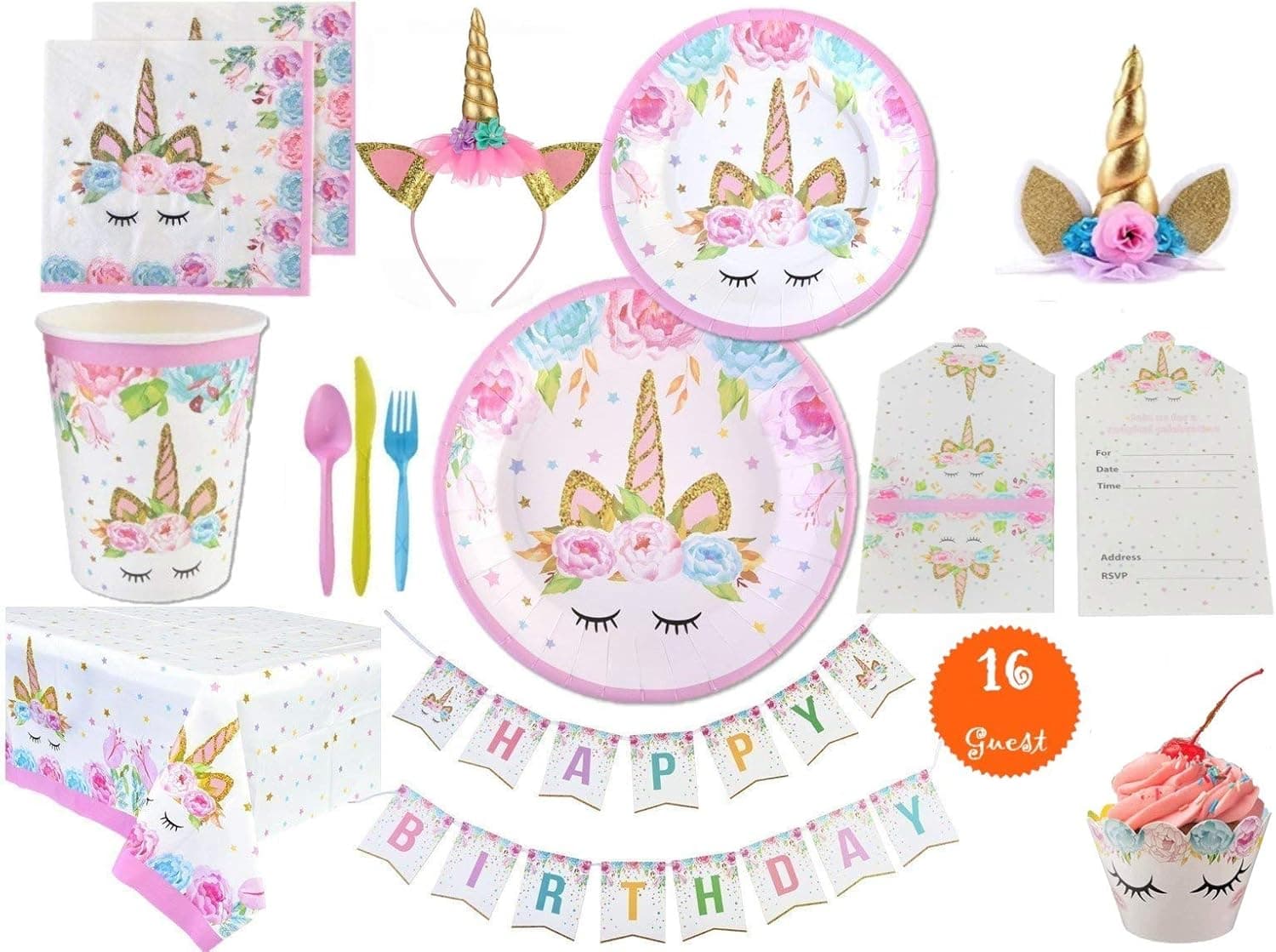 Unicorn Party Supplies Set, Unicorn Theme Party Supplies, Unicorn Birthday Party Supplies, Set Includes Paper Dinner and Dessert Plates, Cups, Napkins, Wrapper, Cake Topper, Banner, Invitation Cards