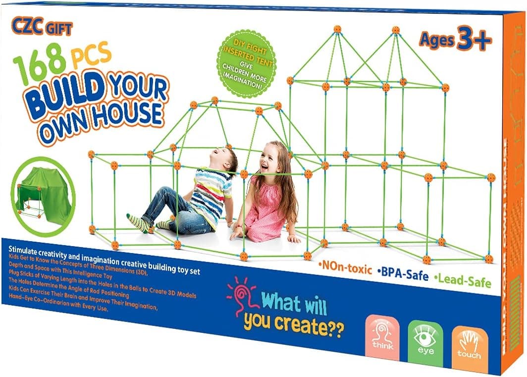Kids Fort Building Kit 168 Pieces Construction STEM Toys for 3 4 5 6 7 8 9 10 11 12 Years Old Boys and Girls Ultimate Forts Builder DIY Building Educational Learning Toys for Indoor & Outdoor