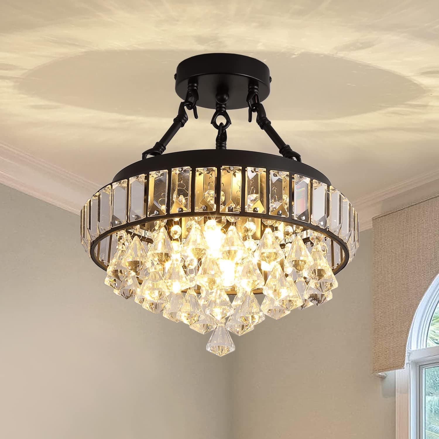Berliget Black Mini Crystal Chandelier, Small Semi Flush Mount Chandelier Light Fixture, Modern Crystal Ceiling Light Fixtures for Hallway Foyer Closet Dining Room Living Room Bedroom Bathroom