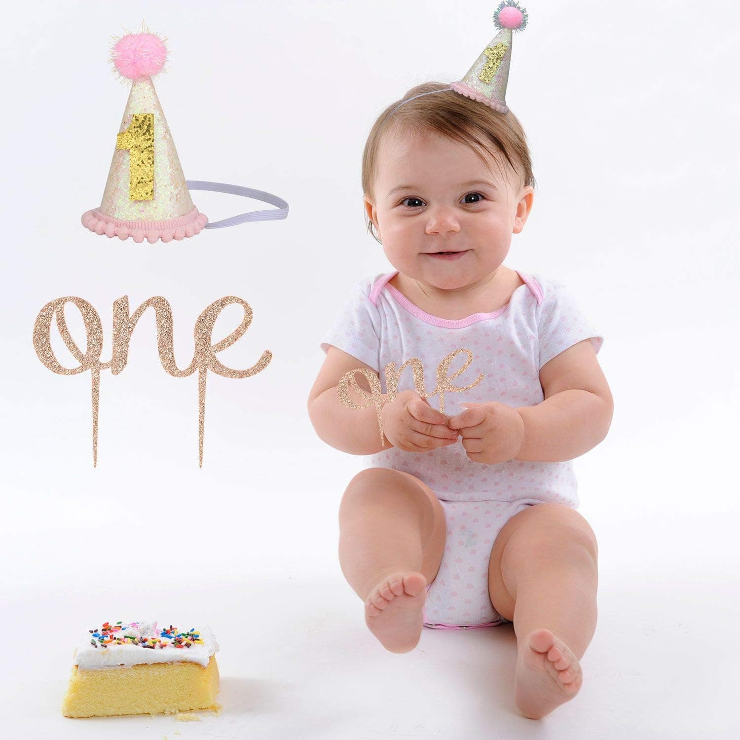 Zhenhui 1st First Birthday Girl Party Decorations - 1st Baby Girl Birthday Party Hat,Double-Sided Gold Glitter Sparkle One Cake Topper for Baby Shower Party Supplies(2pcs)