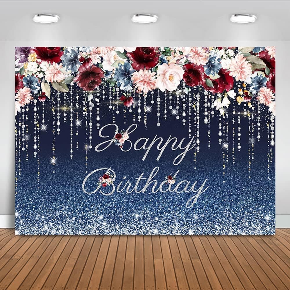 Mocsicka Navy Blue Floral Happy Birthday Backdrop Silver Glitter Women Birthday Background Rustic Watercolor Flowers Women Birthday Party Cake Table Decoration Photo Booth Props (7x5ft)