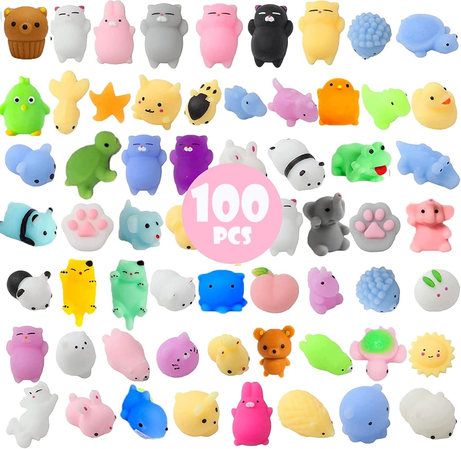 100 PCS Mochi Squishy Toys Kawaii Squishies Stress Relief Toys Pack for Kids Boys Girls Party Favors Birthday Gifts