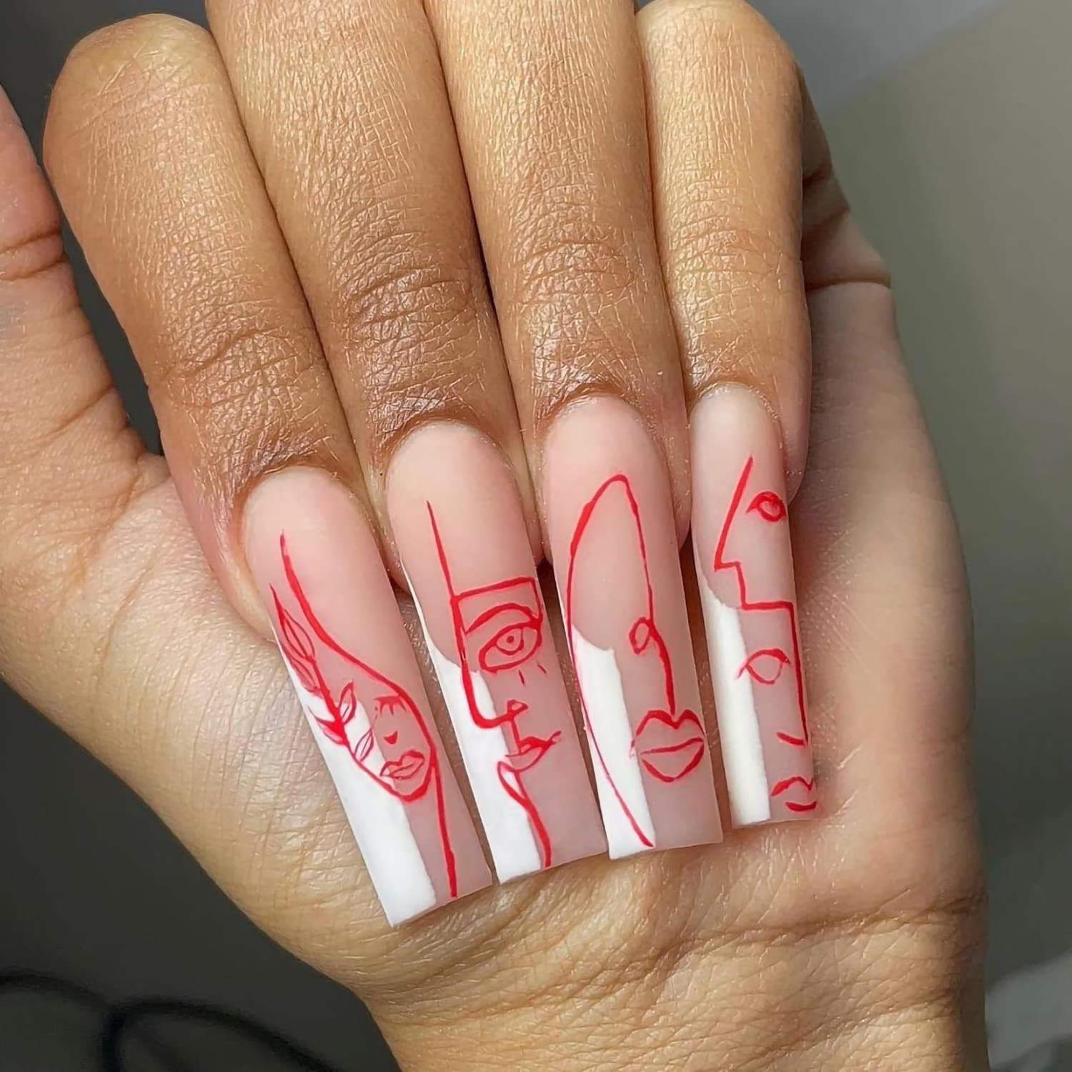 ookizom Coffin Press on Nails Long, 24 Pcs Fake Nails Coffin, False Nails with Glue Acrylic Nails for Women and Girls (Art Abstract Face)