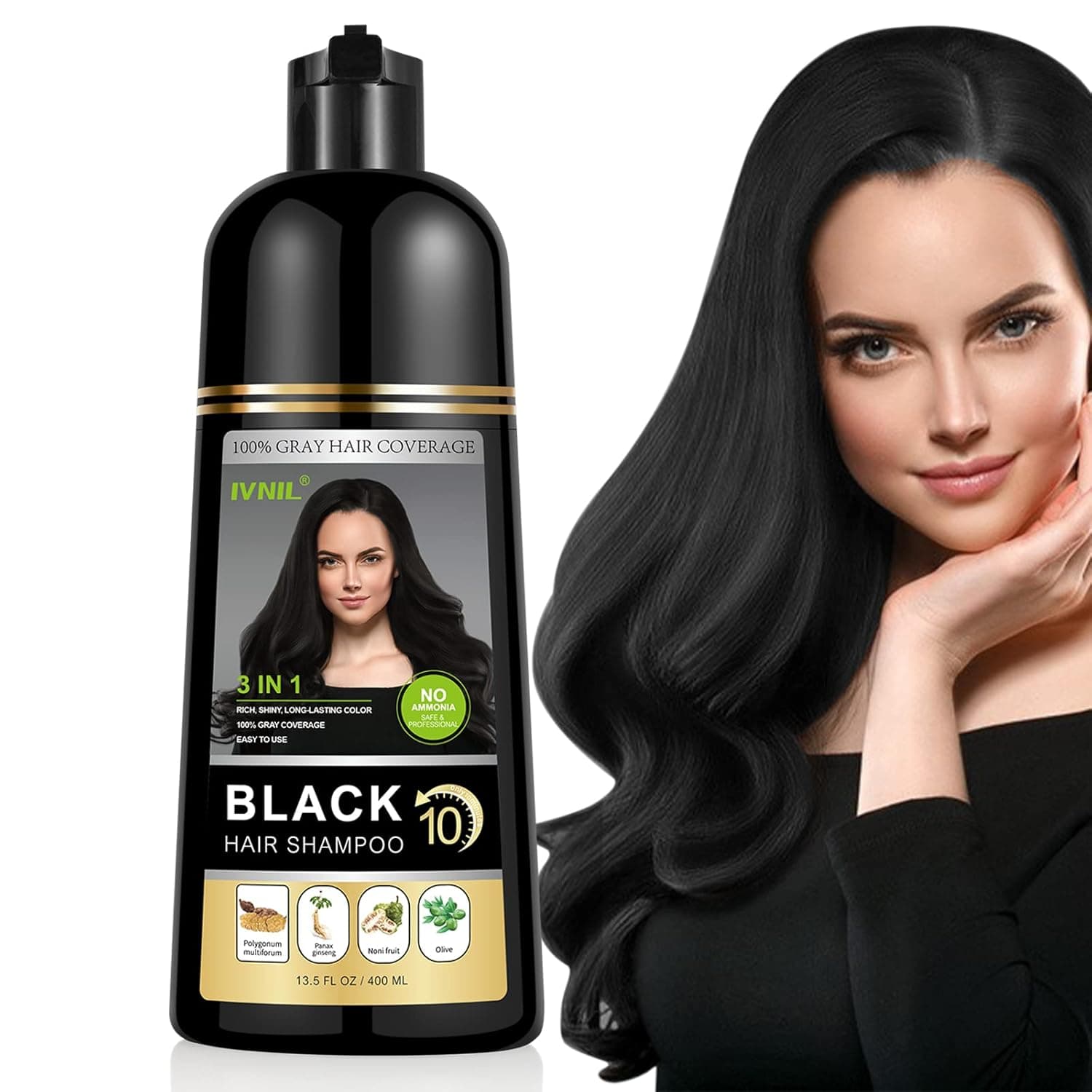 Instant Black Hair Color Shampoo for Gray Hair, IVNIL Natural Hair Dye Shampoo for Women & Man, 3-In-1 & Semi-Permanent, Herbal Ingredients & Ammonia-Free, Fast Acting and Long Lasting, 13.5 fl oz