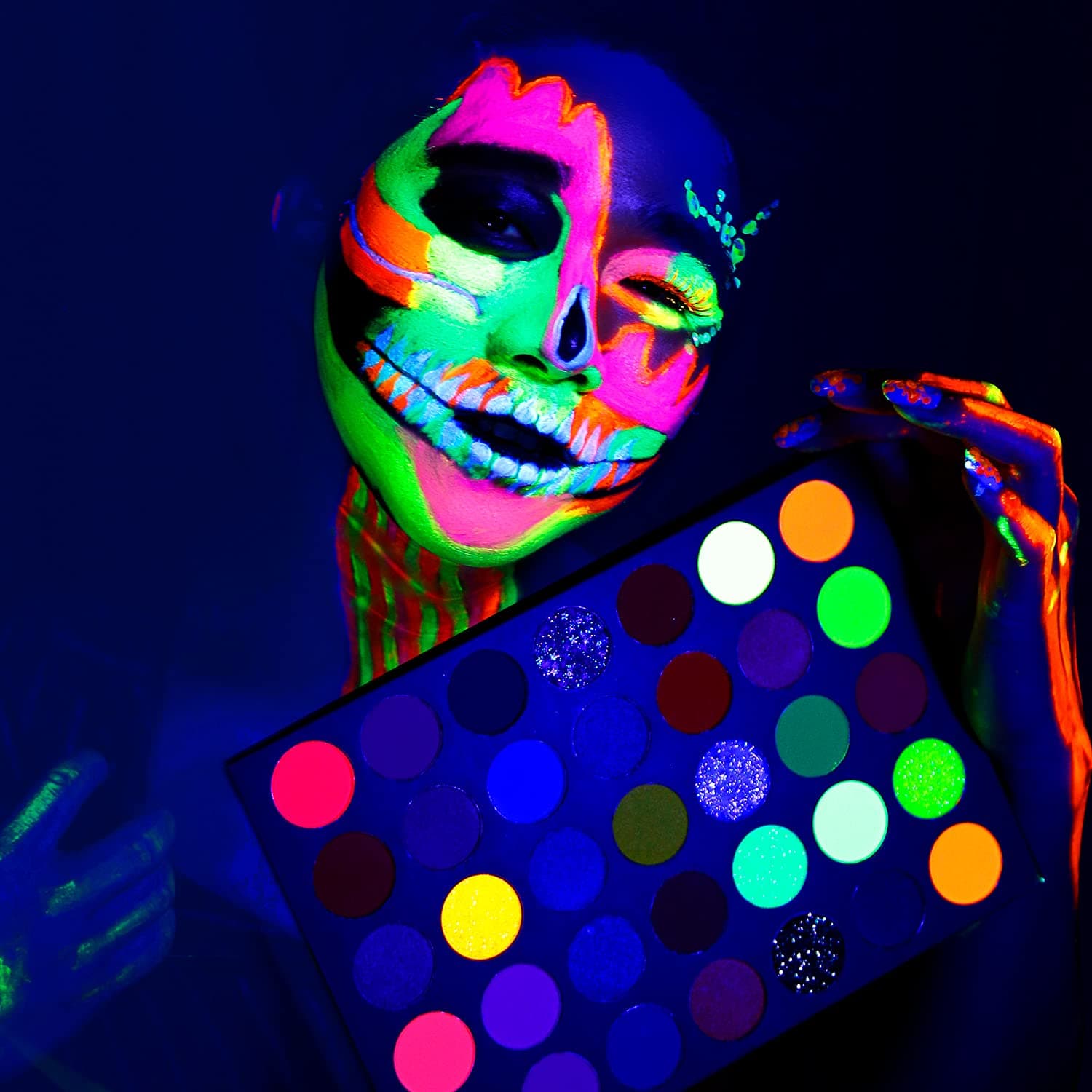 Afflano Neon Eyeshadow Palette Colorful High Pigmented 35 Color,Blendable Bright Rainbow Eyeshadow Matte Shimmer Glitter,Aurora Glow in Dark UV Blacklight Makeup Eye Shadow Pallet for Luminous Party