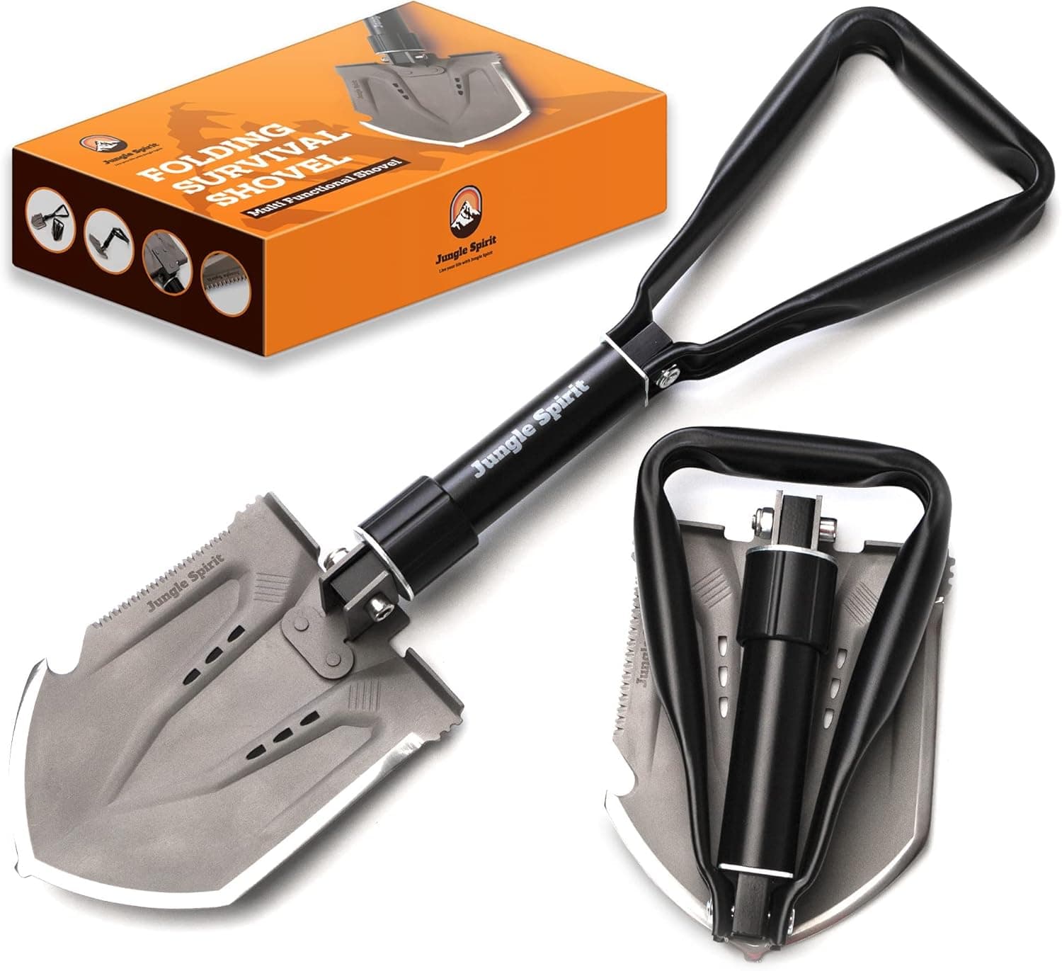 JUNGLE SPIRIT Portable Folding Shovel, Military Style 9 in 1 Survival Gear & Entrenching Tool with Carry Pouch for Tactical Camping, Outdoor Survival, Hiking, Backpacking