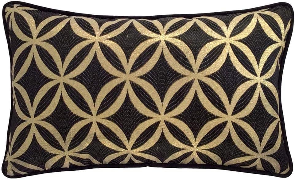 pillowerus Satin Circle Lattice Pattern Black-Gold 12x20 Pillow Cover Geometric Decorative Lumbar Cushion Case with Black Satin Piping for Home Decor, Sofa, Couch, Patio