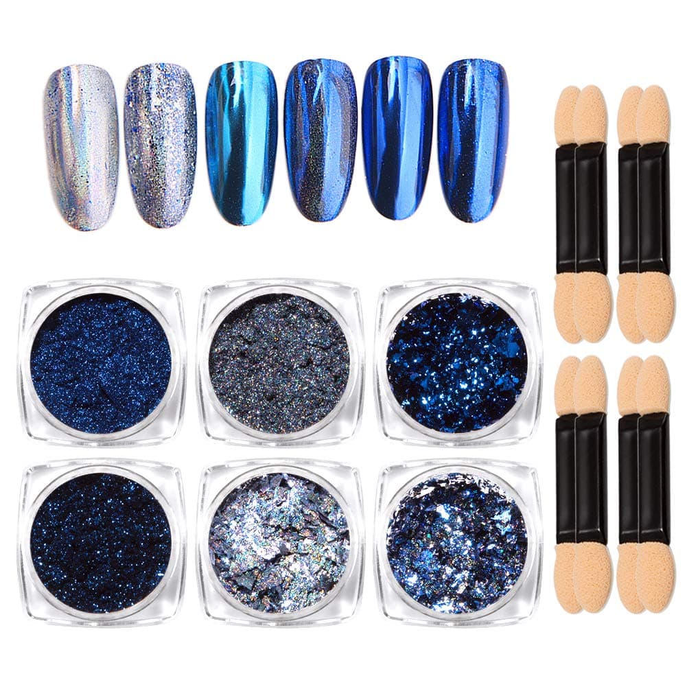 Boobeen Chrome Nail Powder - 6 Colors - Holographic Chrome Mirror Laser Synthetic Resin Pigment Manicure Art Decoration With 8 Pcs Sponge Stick