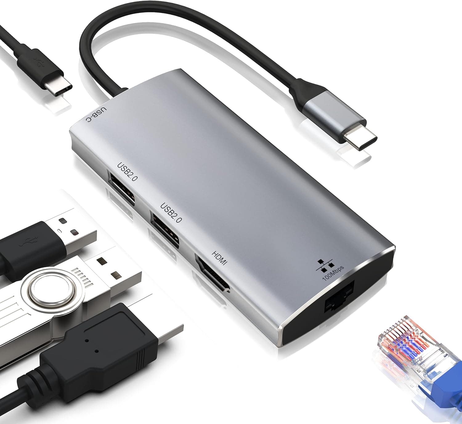 USB C Hub, USB C to Ethernet 5 in 1 Multiport Adapter, Type C Hub MacBook Adapter with 4K HDMI, 2 USB 2.0, 86W PD Charging, Ethernet Port, Compatible with MacBook Pro/ Air and Other USB C Devices