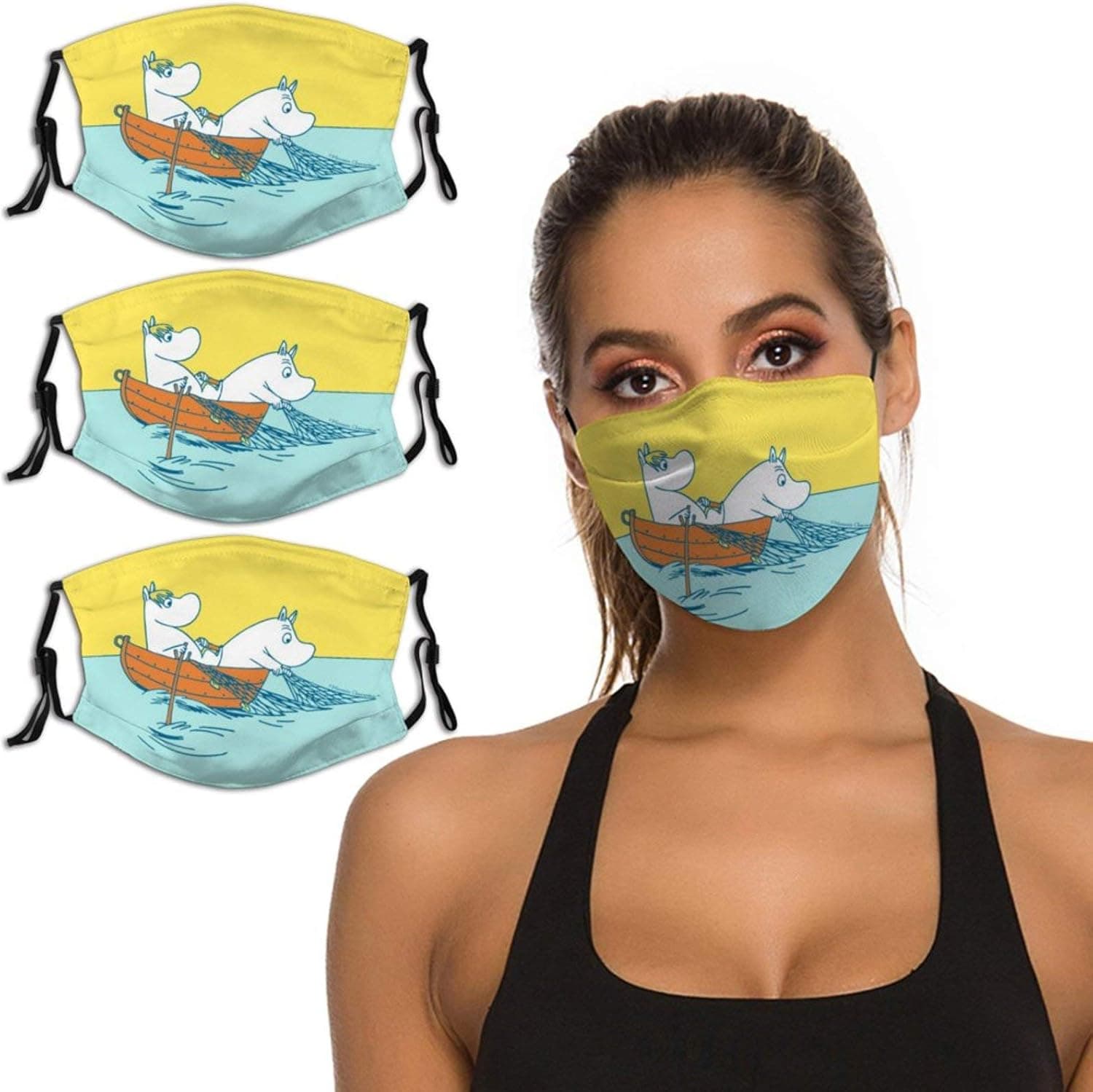 Moomin (3) Washable 3PCS Face Masks Adjustable Ear Loops & Nose Wire 5 Layers Reusable Balaclava Bandana Scarf