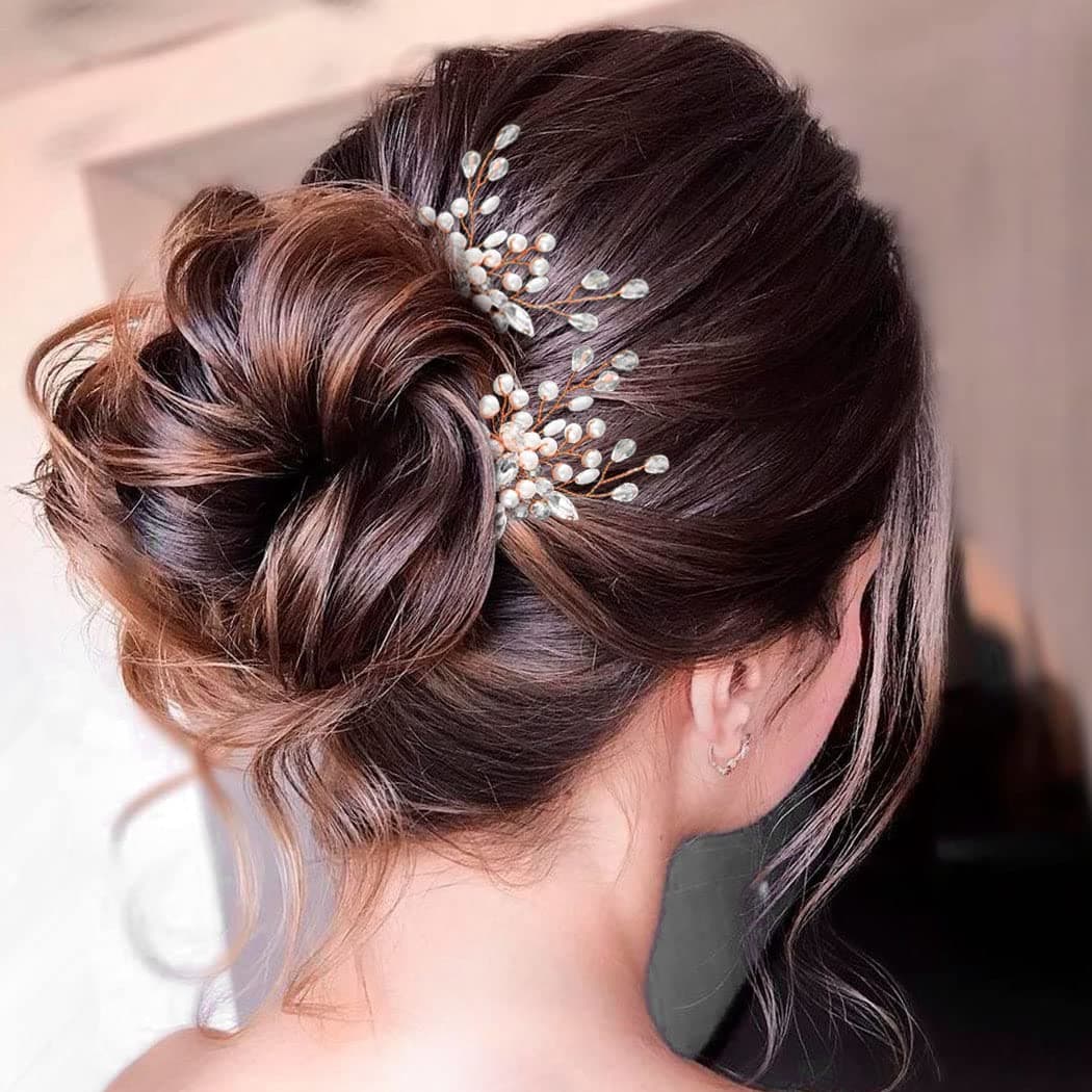 Asooll Crystal Bride Wedding Hair Pins Rhinestone Bridal Hairpieces Pearl Headpiece Hair Accessories for Women and Girls ( Pack of 2) (Rose gold)