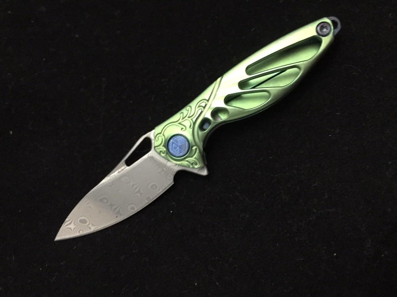 Rike Knife Hummingbird Mini Flipper Knife Green Anodized Titanium 1.5" Damascus