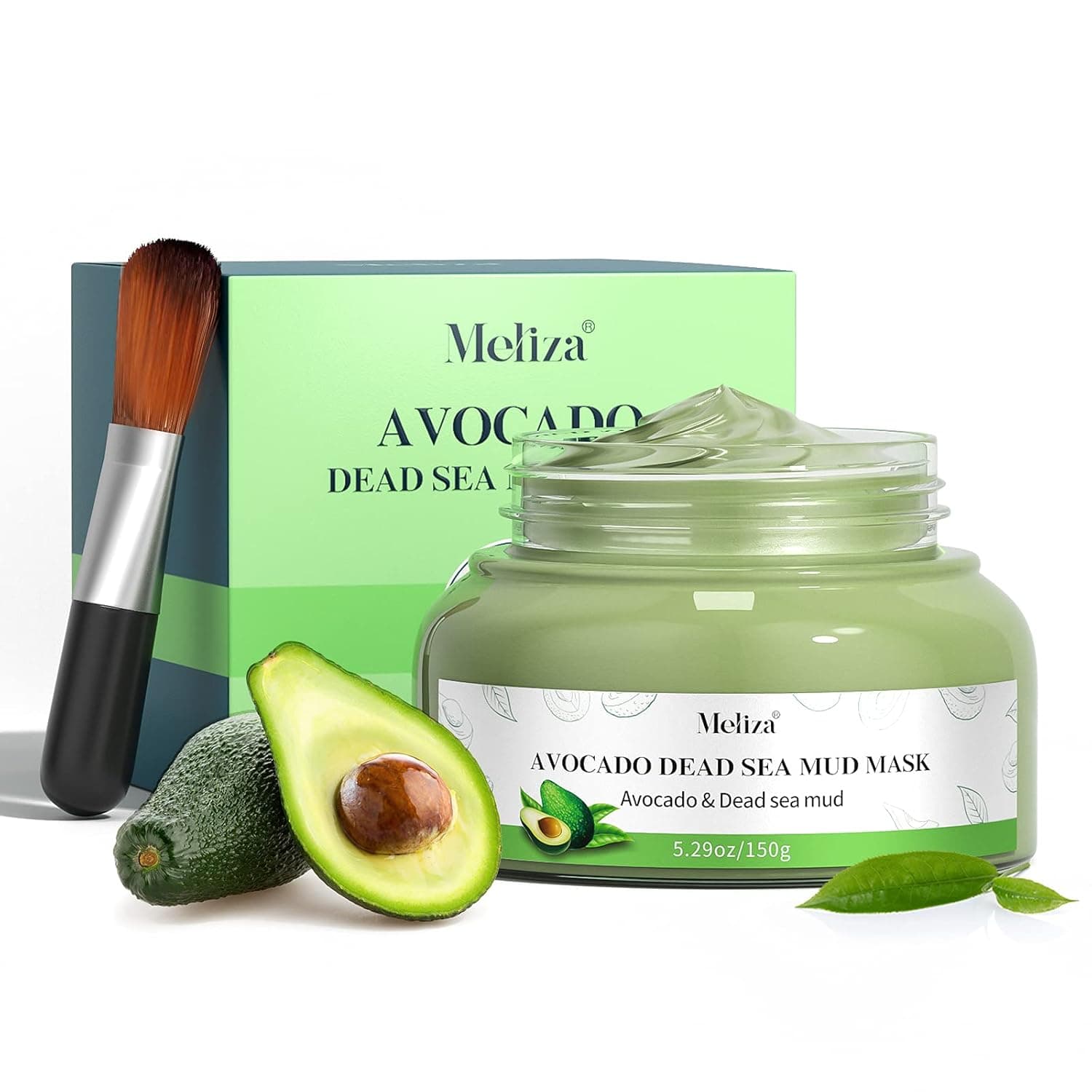 Organic Avocado Clay Mask Meliza Dead Sea Mud Mask Natural Green Tea Healing Clay Facial Mask Nourishing Hydration Antioxidant Deep Cleansing Mud Mask with Mask Brush for Acne Blackheads Pores