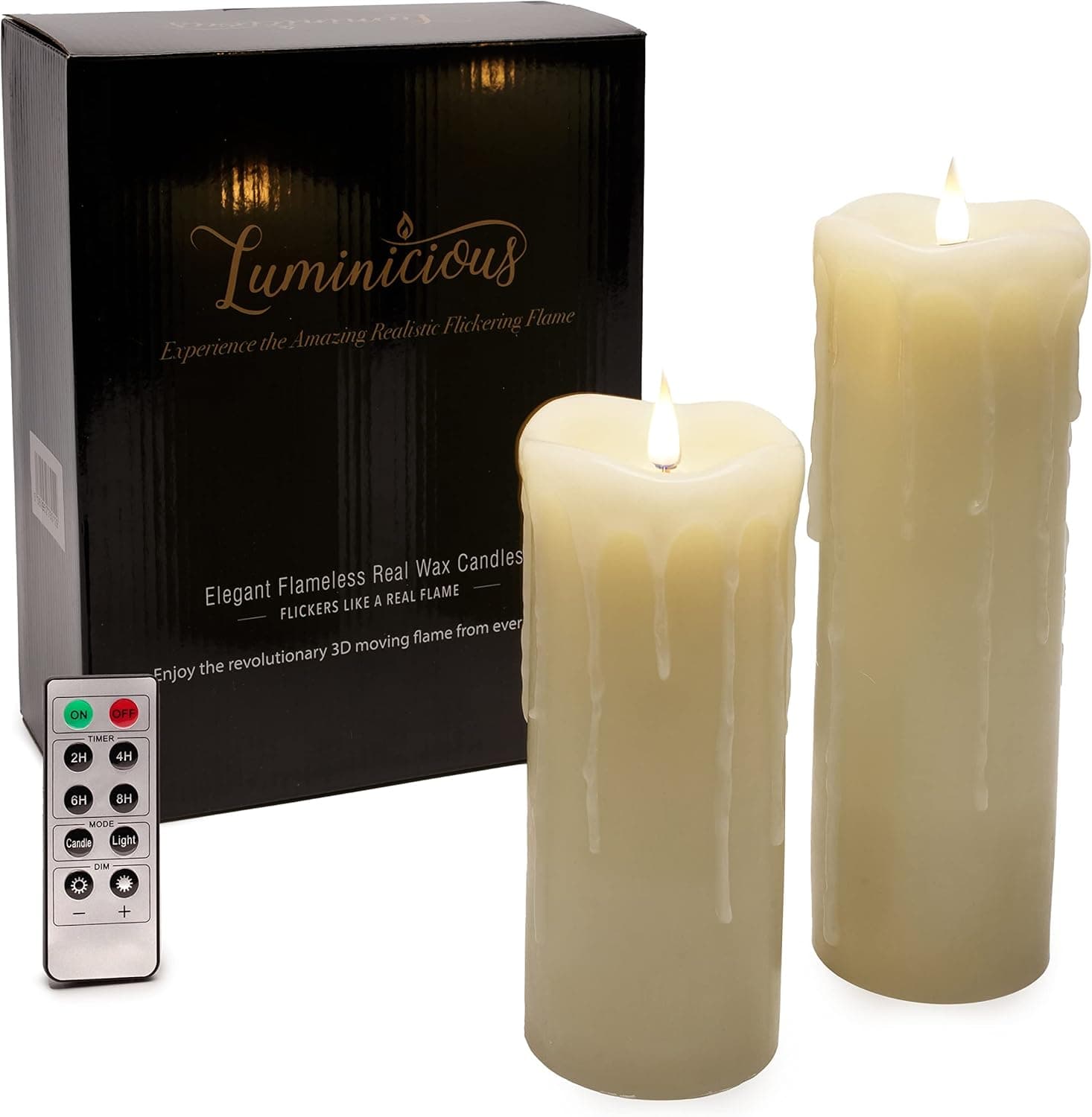 3D LED DRIP Effect FLAMELESS Candles Battery Operated Flickering Flame with Remote Control & Timer | Amazing Realistic Flame | Real Wax Ivory Set of 2 | Elegant Home Decor Gift Pillar Candles 7" & 9"