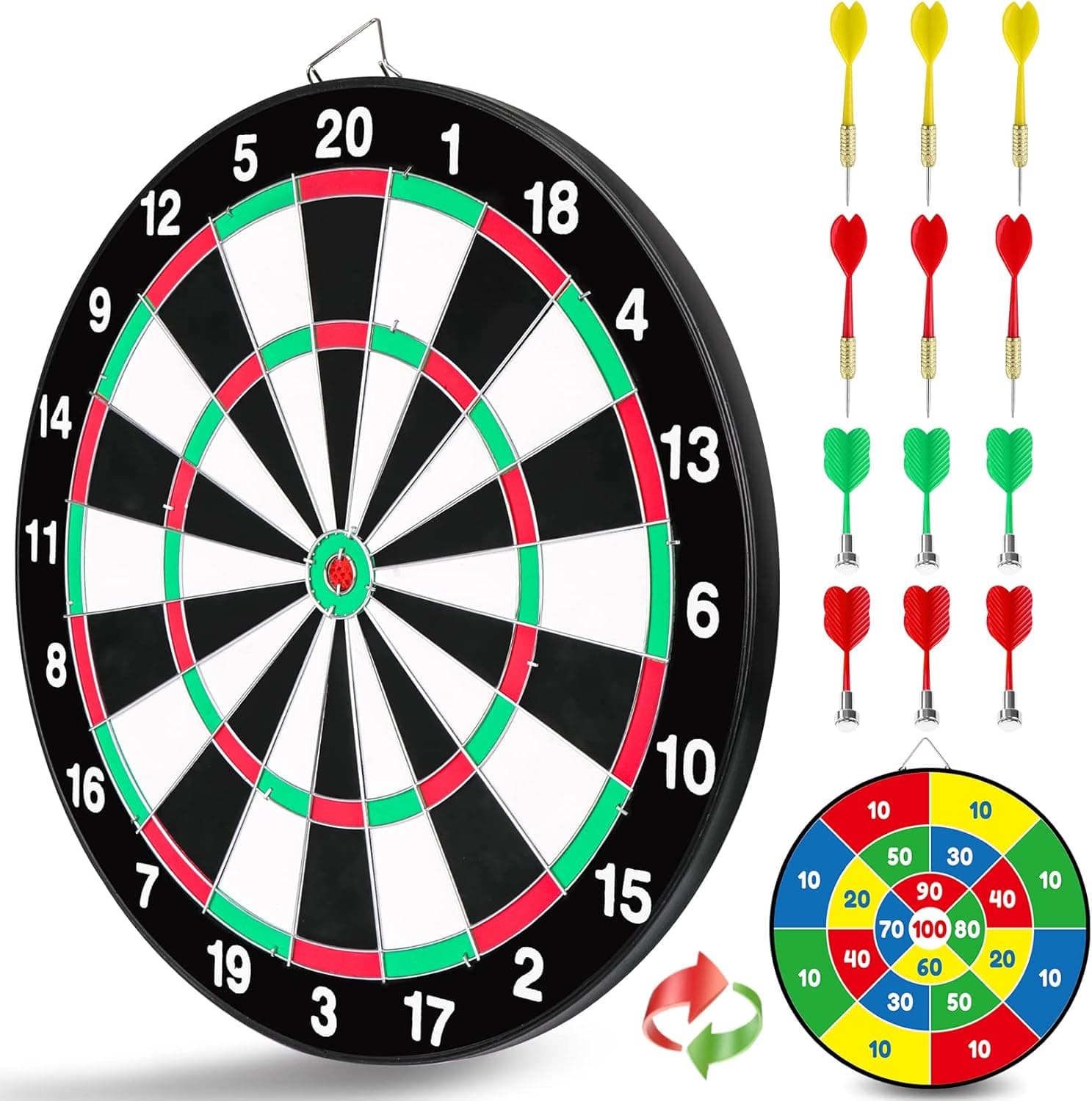 Double Sided Dart Board-13.5” Magnetic Dart Board/Steel Tip Dartboard-Instant Set-up Reversible Dart Board-6 Magnetic Darts+6 Steel Darts-Dart Board for Kids and Adults, Fun Indoor/Outdoor Family Game