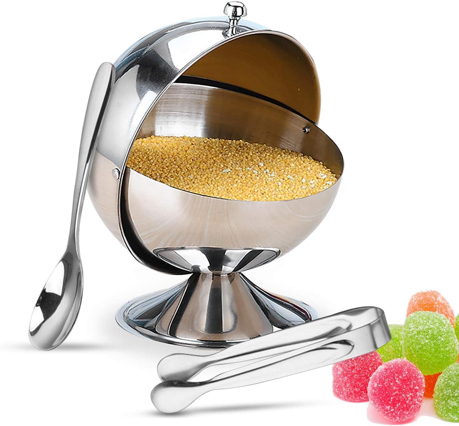 Kowth Stainless Steel Sugar Bowl with Lid and Spoon Multi-purpose Sugar Jar with Sugar Cubes Tongs Sugar Holder Container for Home and Kitchen
