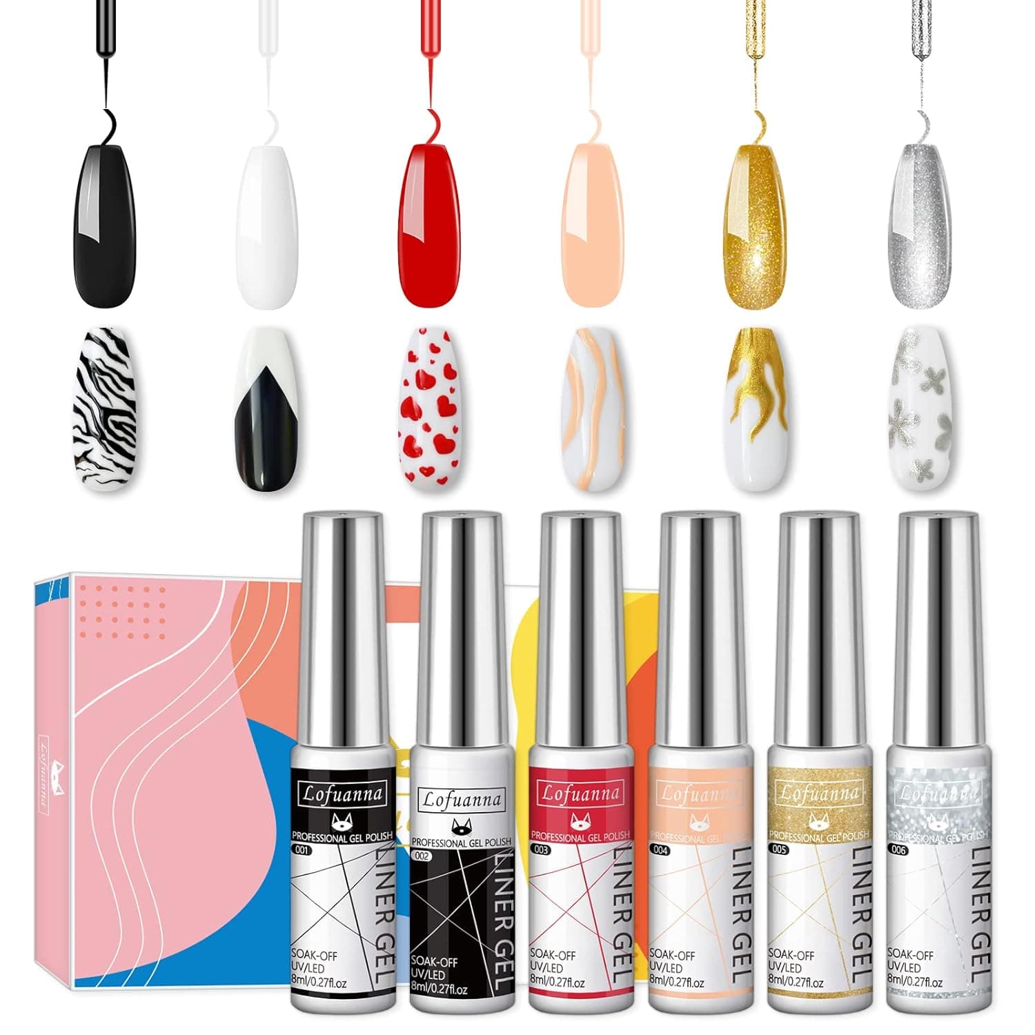 Lofuanna Nail Liner Gel Polish Set Nail Art Gel Polish, 6 Colors White Black Red Glitter Painting Drawing Gel Kit Built Thin Nail Art Brush in Bottle Gel Pens Soak off DIY for Home Salon
