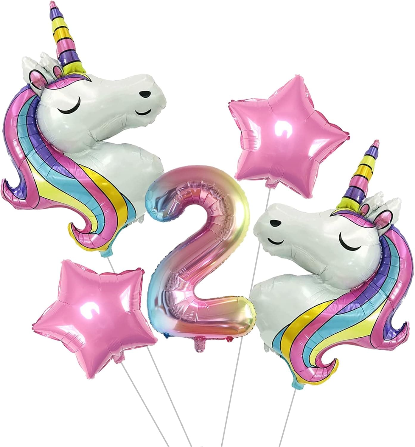 Unicorn Balloons Birthday Party Decorations 6pc Unicorn Party Supplies Birthday Balloon Unicorn Foil Balloons with Roll and Straw for Boys and Girls (Number 2)