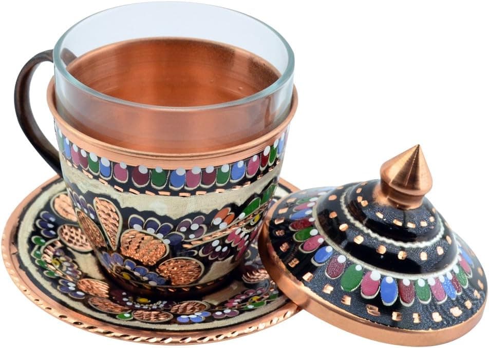 4 Pieces Handmade Hand Painted Copper Tea Coffee Milk Juice Beverage Water Guest Serving Glass Cup Mug Saucer Set with Holder and Lid,5 Oz