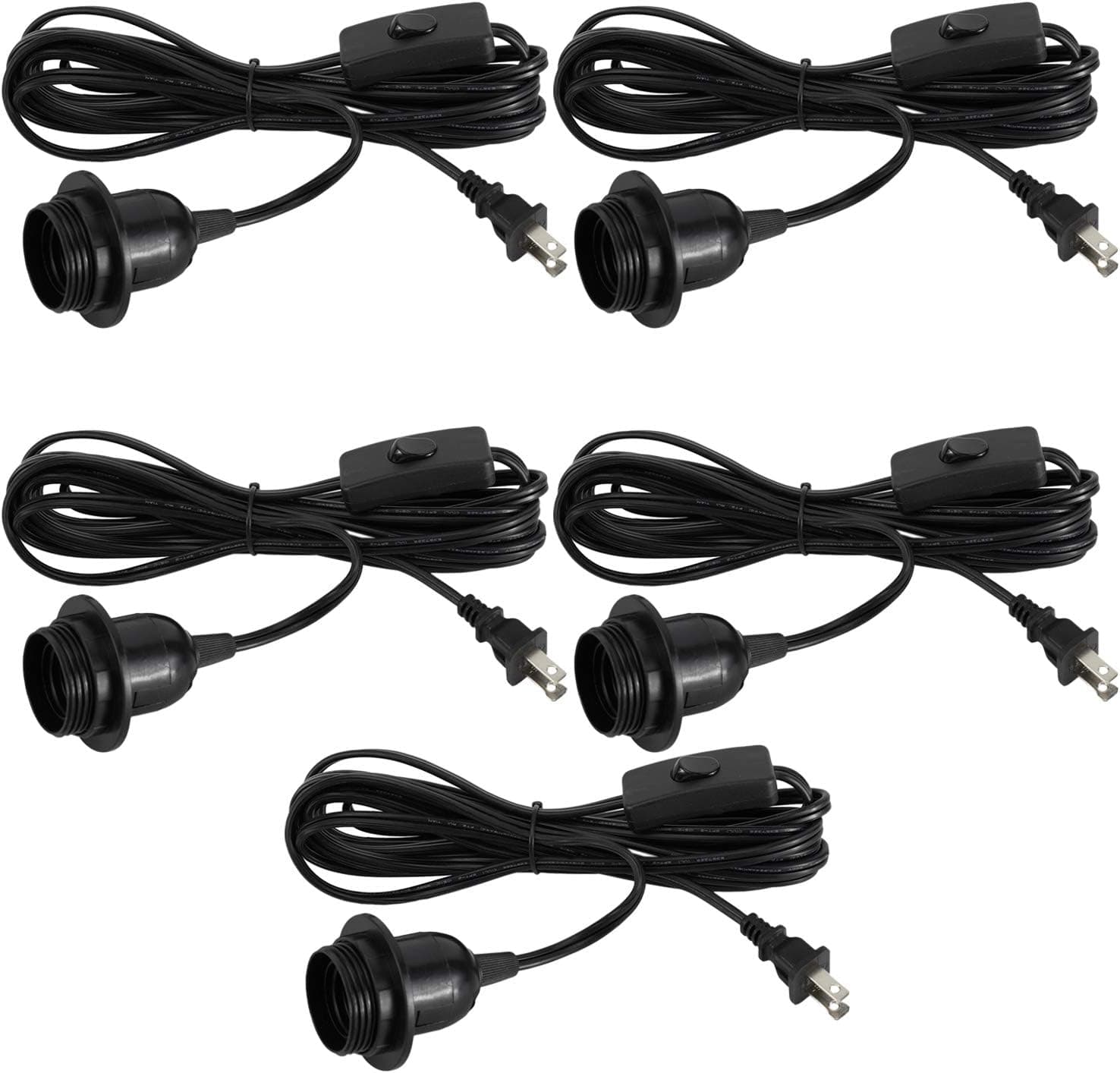 HighFree 5-Pack Pendant Lamp Cord Set 15ft Extension Hanging Light Cord E26 Light Bulb Socket to 2-Prong US AC Power Cord with On/Off Switch, UL Listed