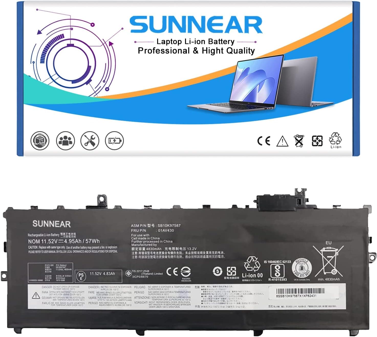 SUNNEAR 01AV430 01AV431 01AV429 01AV494 SB10K97587 SB10K97588 SB10K97586 SB10K97586 Battery for Lenovo ThinkPad X1 Carbon 5th Gen 2017 6th Gen 2018 Series 11.52V 57Wh 4950mAh