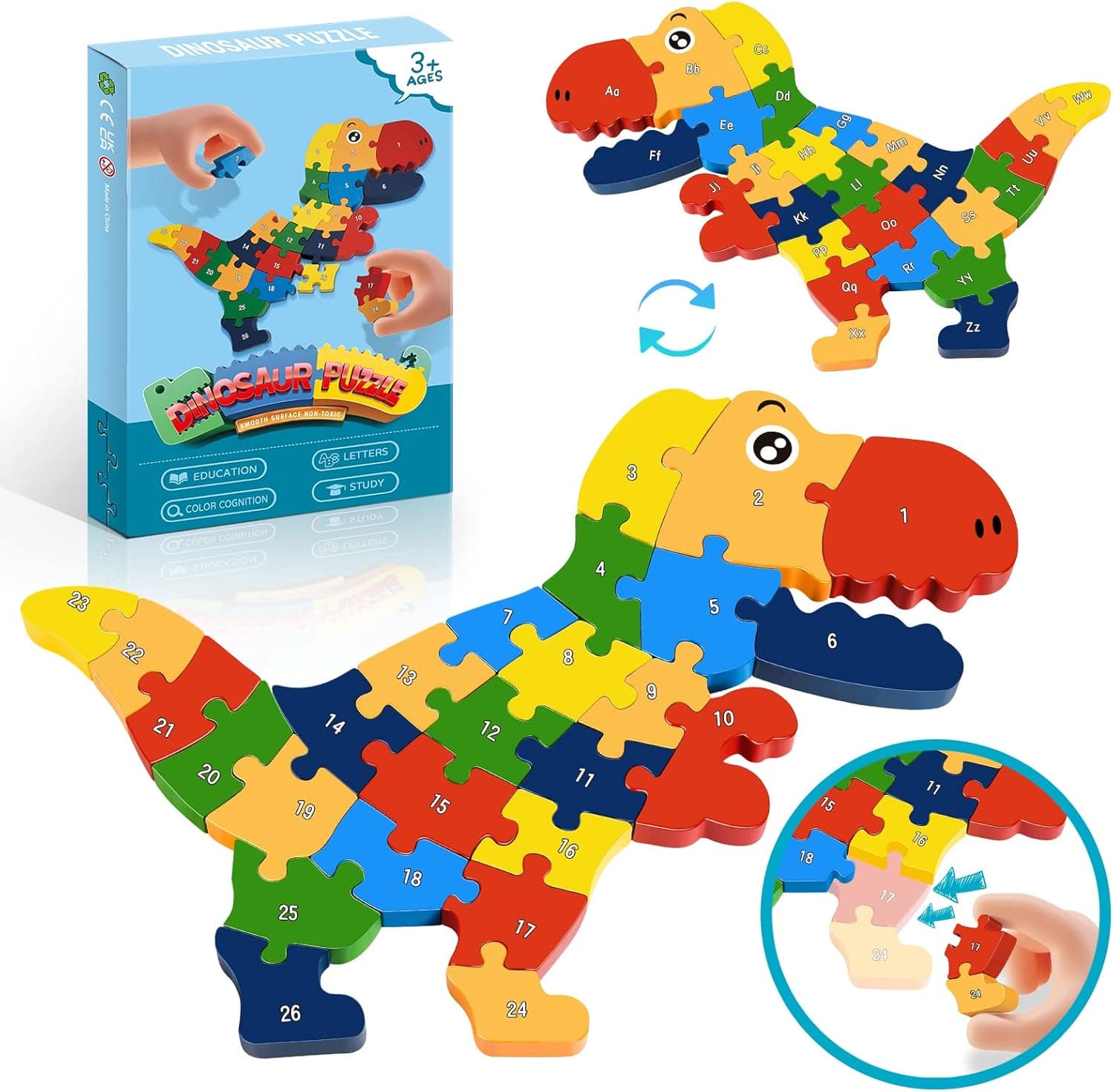 Puzzles for Toddlers 1-3: 26 Pcs Dinosaur Wooden Puzzles for 2-4 Year Old Boys Birthday Gifts Toddler Preschool STEM Educational Toy Learning ABC & Number Christmas Stocking Stuffers Gifts