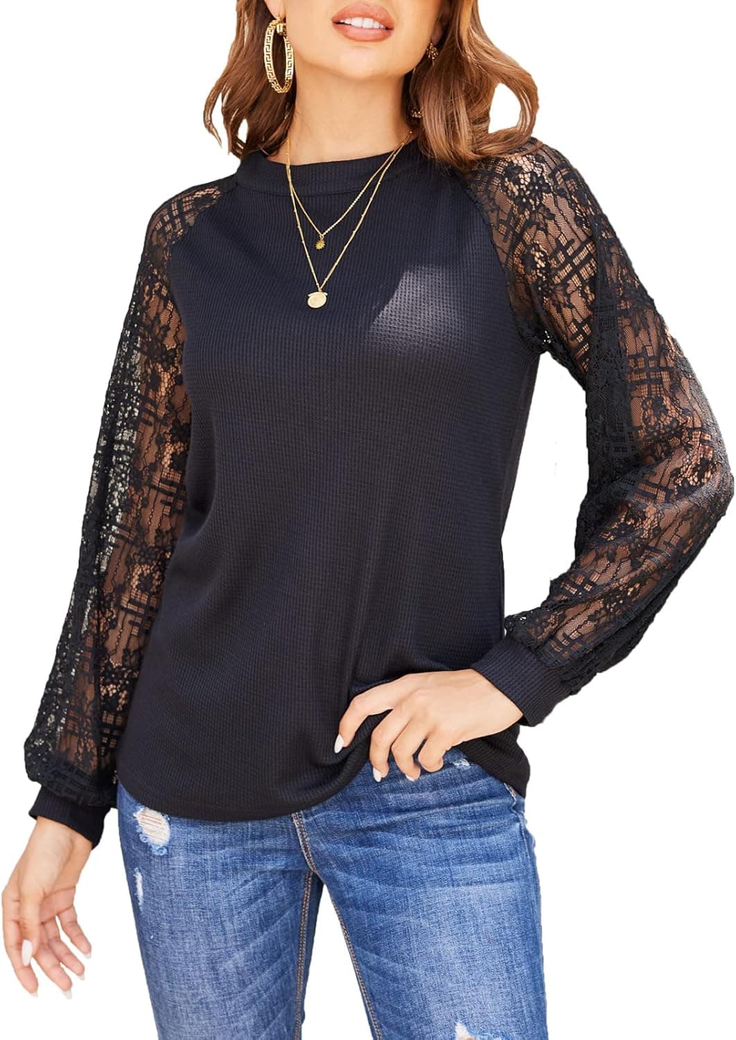 Women’s Lace Long Sleeve Tops Fall Casual Loose Blouses T-Shirts Tops