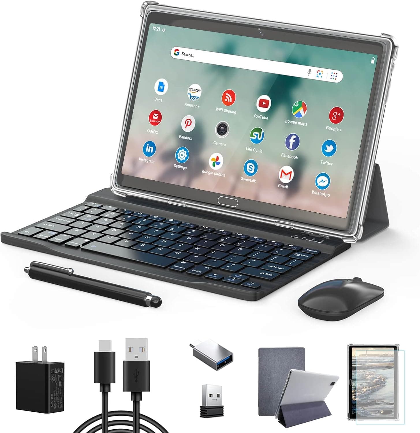 Tablet 10.1 Inch 2 in 1 Android Tablets with Keyboard Pen Mouse, Dual SIM Slot 4G Cellular,1.6Hz Octa-Core Processor, 4GB RAM 64GB ROM 13+5MP Camera WiFi Bluetooth, Google Tablet PC, GPS,OTG, 6000mAh