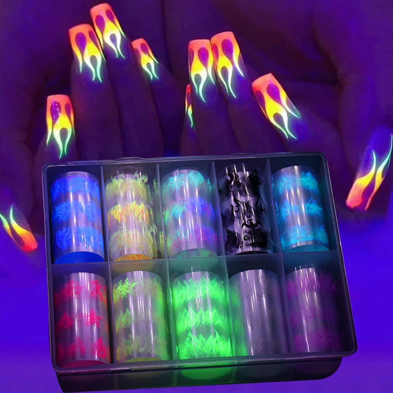10 Rolls Fluorescent Nail Art Foils Flame Nail Art Sticker Supplies Glow in Dark Foil Glue Transfer Nail Art Decoration Tips Manicure Accessories for Women Kids Fire Shape Acrylic Nail Charms