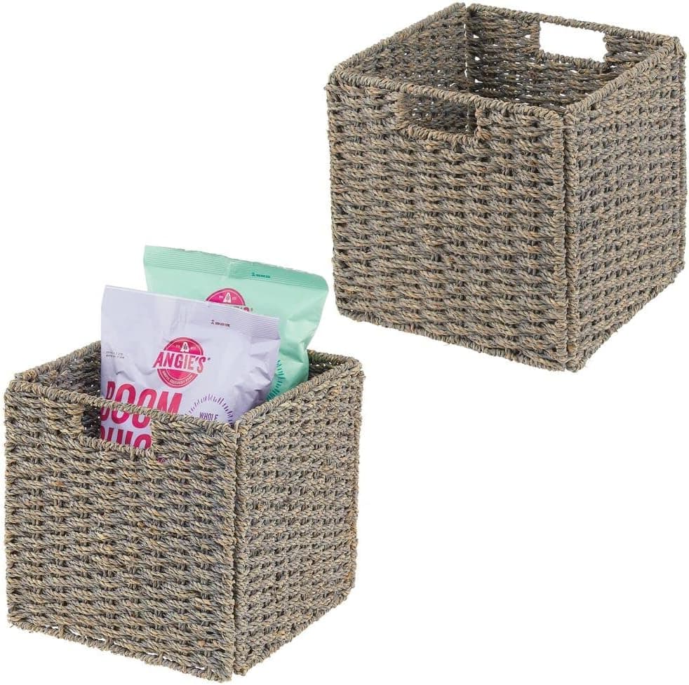 mDesign Seagrass Woven Cube Storage Bin Basket Organizer with Handles for Kitchen Pantry, Cabinet, Cupboard - Shelf and Cubby Organization, Holds Food, Drinks, Snacks, Appliances - 2 Pack - Gray Wash