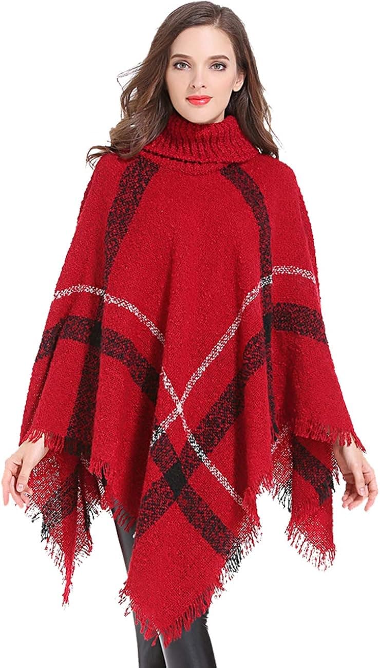 HITOP Womens Dress Ponchos, Boho Loose Tassel Plaid Poncho Turtleneck Jumper Knit Oversized Pullover Sweater Tops for Women