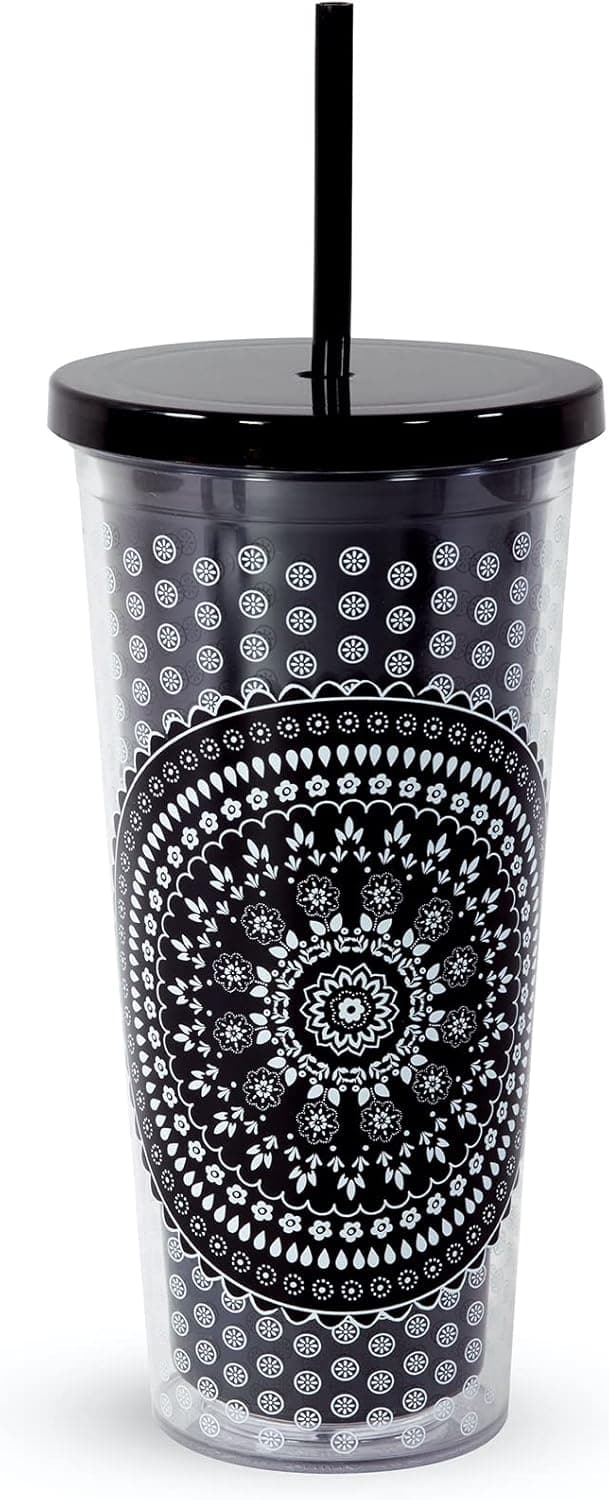 Vera Bradley Travel Tumbler with Lid and Straw, 24 Ounce Insulated Cup, Black Plastic Double Wall Tumbler (Bandana Medallion)