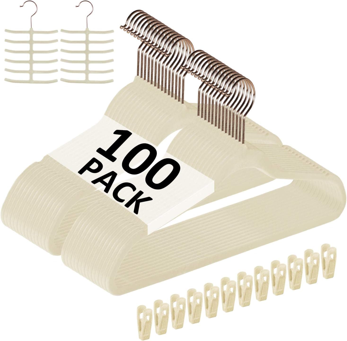 VECELO Premium Velvet Suit Hangers Heavy Duty (100 Pack) - Non Slip & Space-Saving Clothes Hangers with 12 Finger Clips and 2 Tie Rack Excellent for Men and Women (Beige)