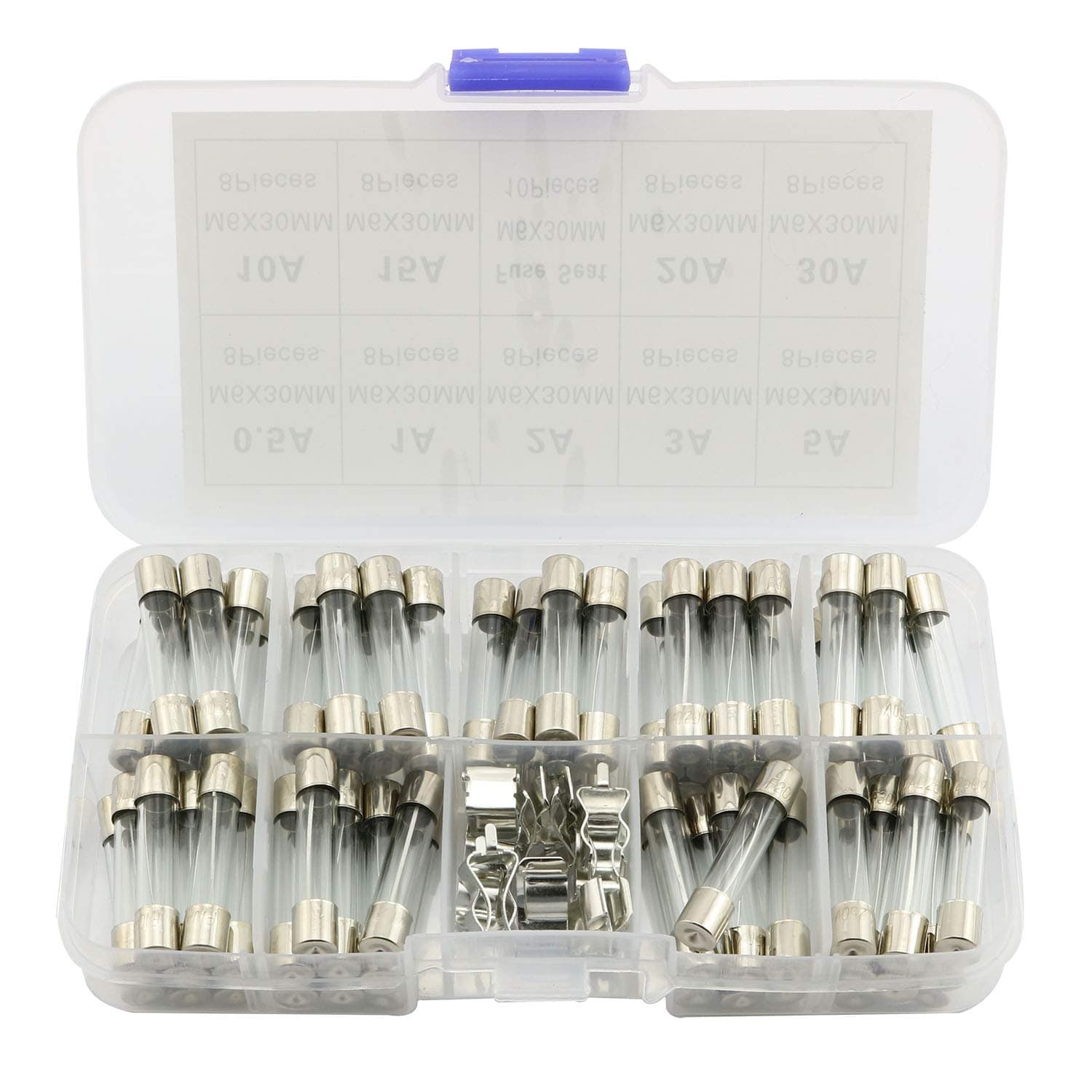 Magic&shell 72 PCS 6x30mm Quick Blow Glass Fuse Fast-Blow Glass Fuses Assorted Kits with Plastic Box 250V 0.5-30A