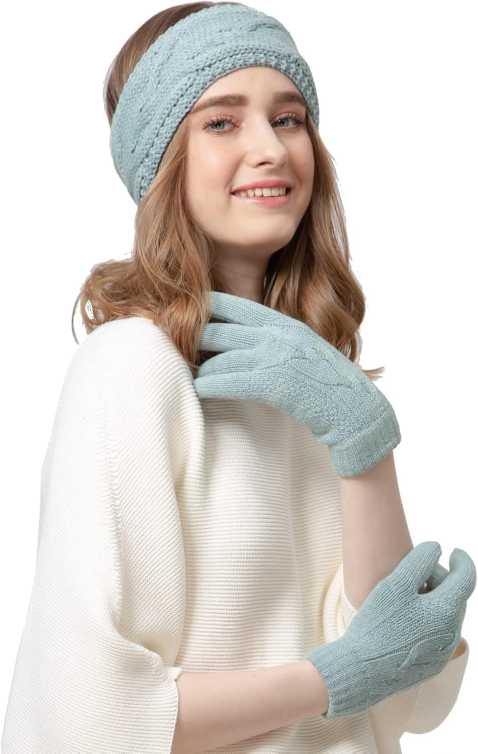 BYOS Womens Winter Cable Plush Warm Fleece Lined Knit Gloves & Headband 2 Pieces Set,Various Styles