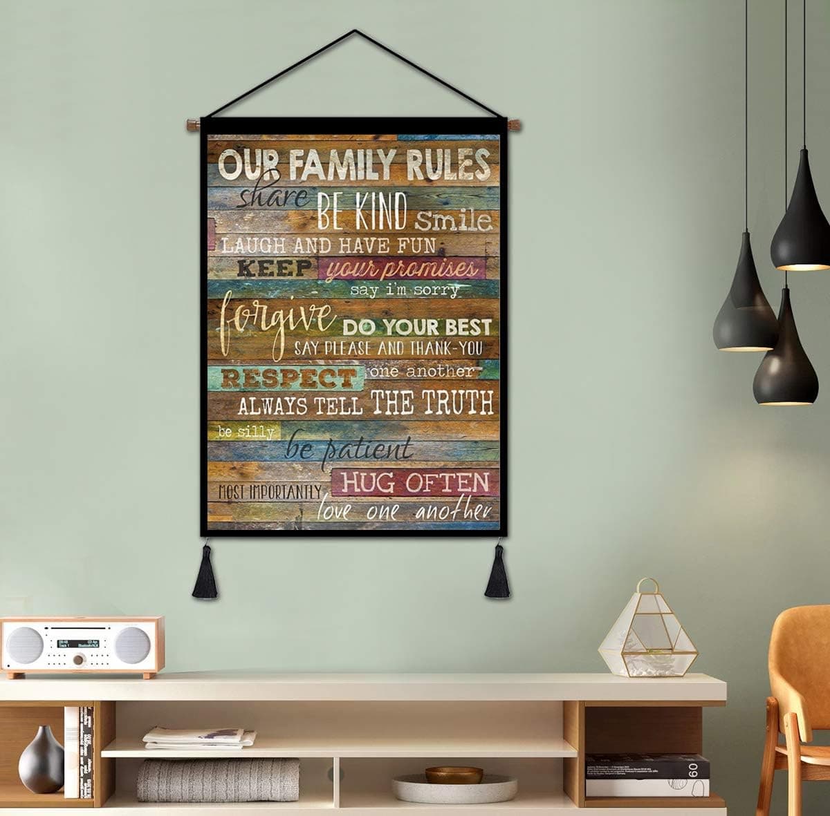 Family Rules Hanging Poster Canvas Wall Art Print, Inspirational Motivational Quotes Believe Sign Wall Decor for Living Room, Bathroom and Kitchen to Hang 18 x 26inch