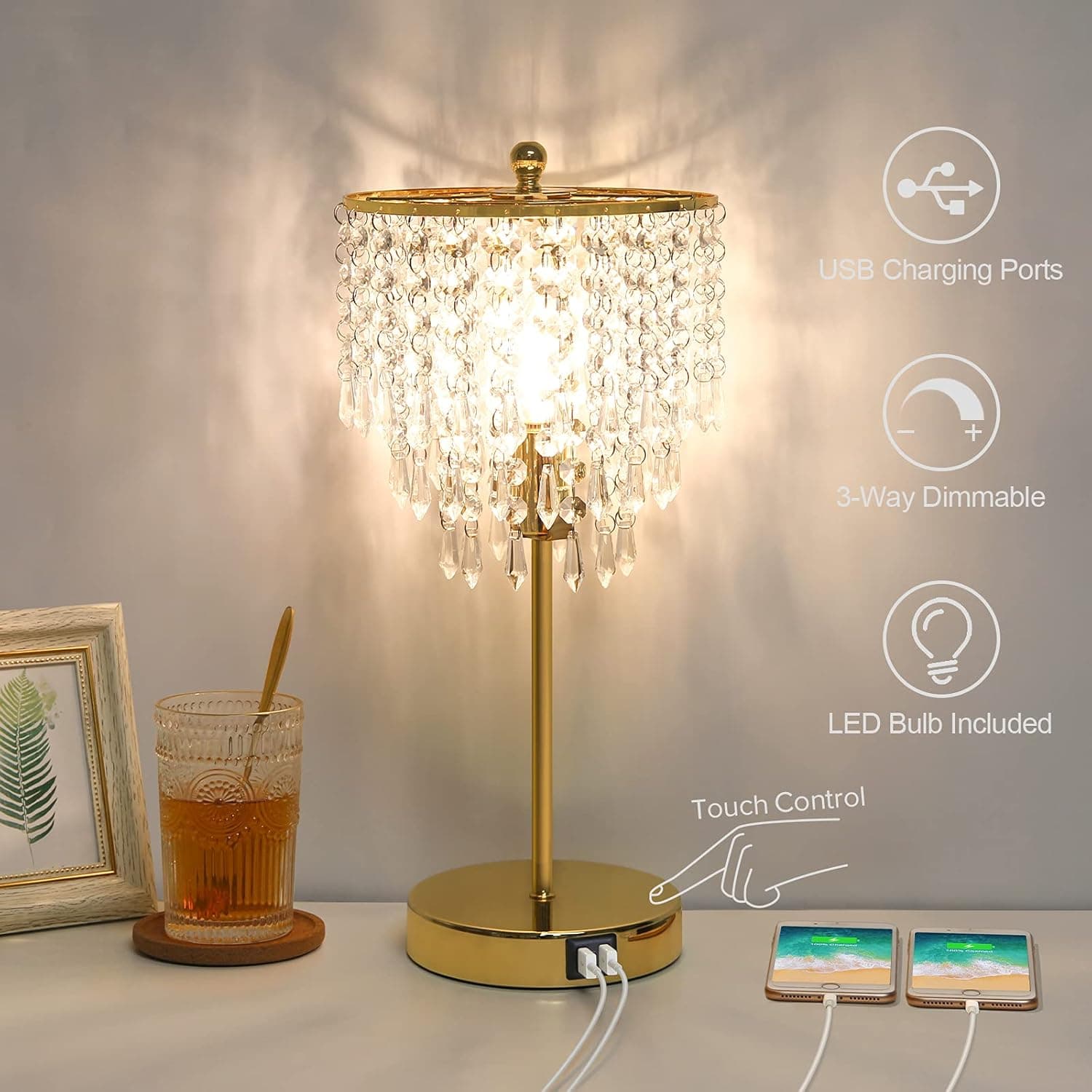 Touch Control Crystal Table Lamp with Dual USB Ports, 3-Way Dimmable Gold Lamp, Bedside Light with Crystal Shade, Girls Lamp for Bedroom, Living Room, Teens Room, Dresser, 6W LED Bulb Included