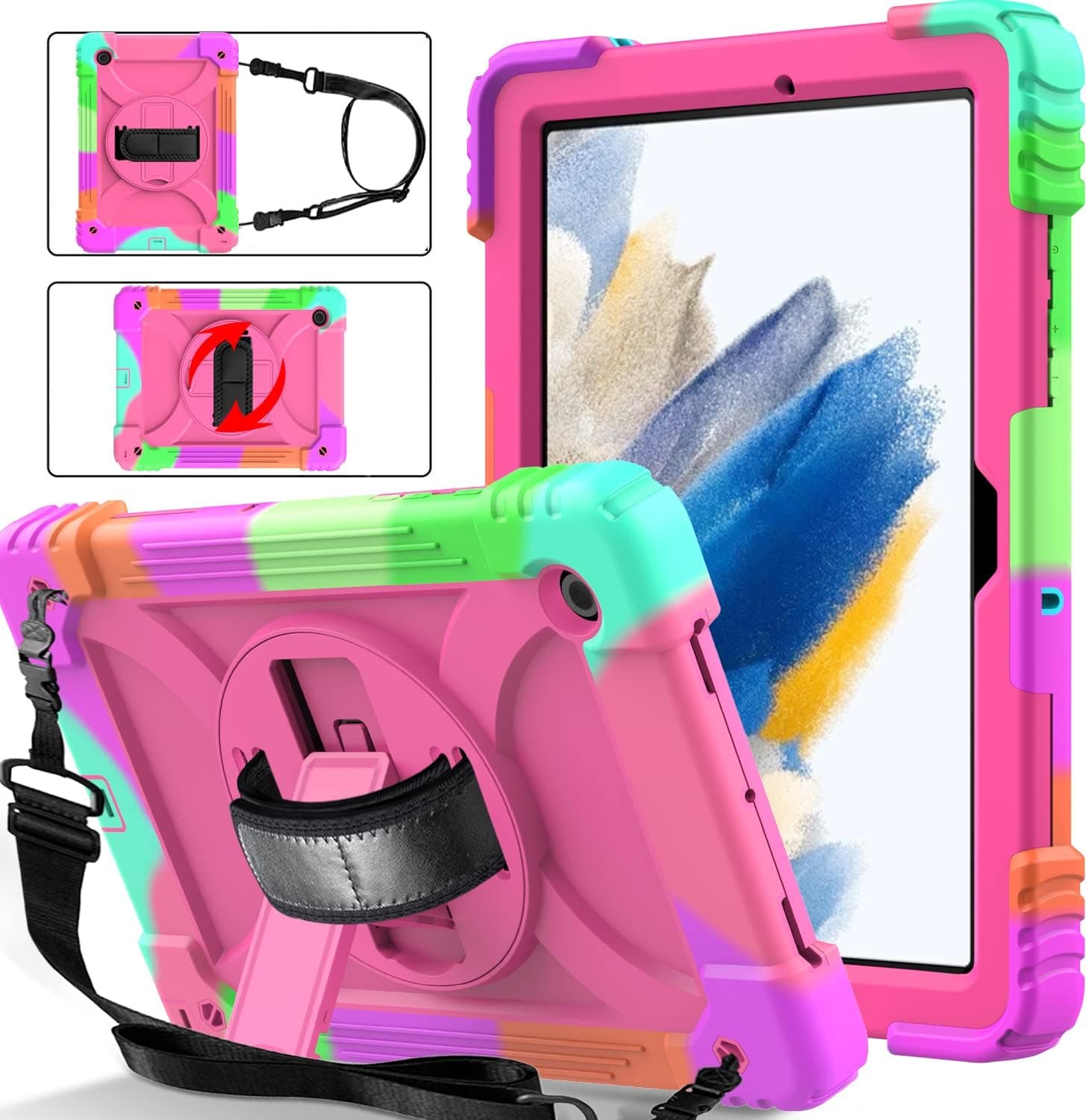 BMOUO Samsung Galaxy Tab A8 10.5 inch Case 2022, Galaxy Tab A8 Case, Shockproof [Swivel Stand] [Hand & Shoulder Strap] Kids Case for Samsung Galaxy Tab A8 10.5 2022 (SM-X200/X205/X207), Rose