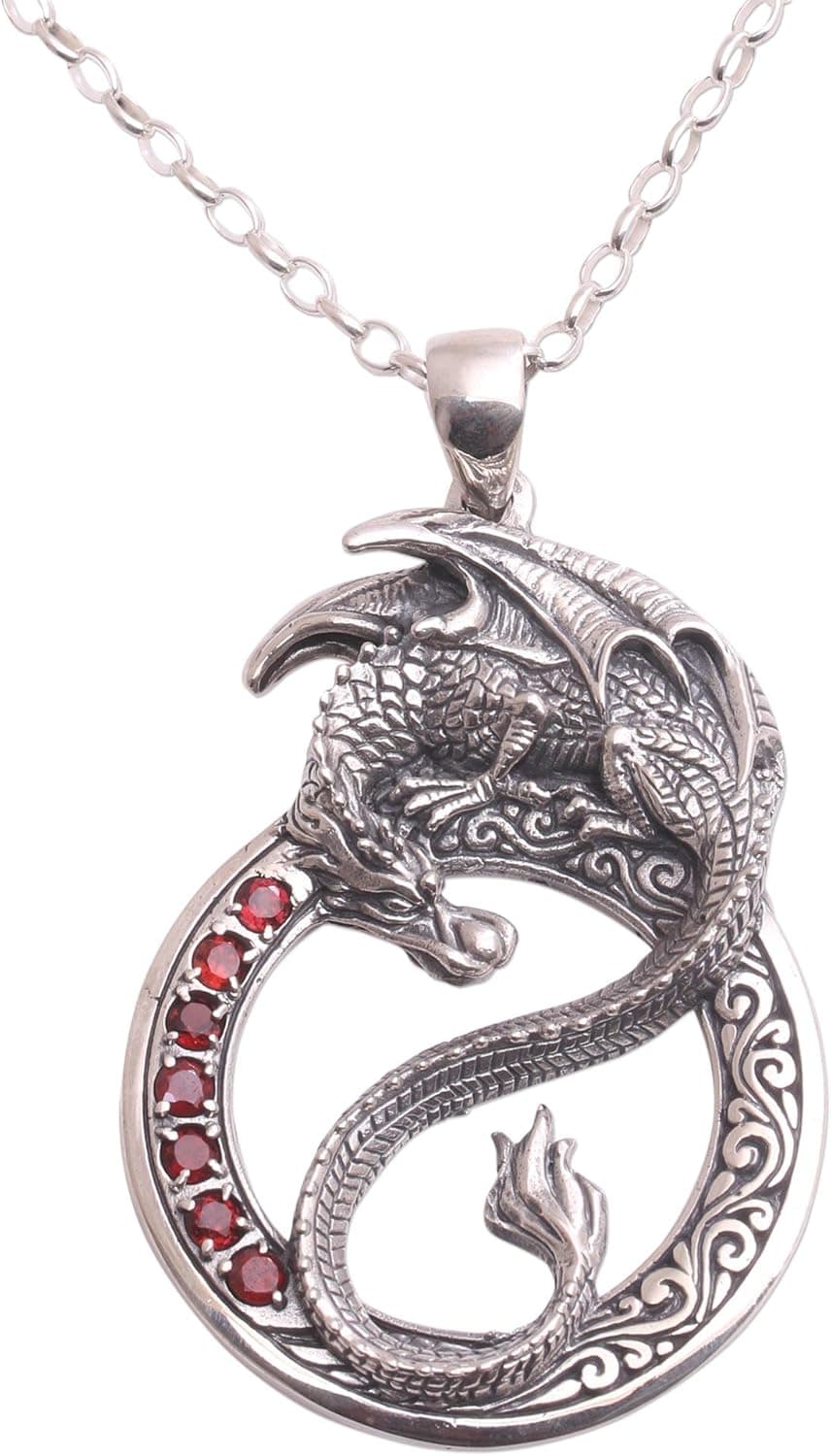 NOVICA Garnet .925 Sterling Silver Pendant Necklace, 19.75", Dragon Flare'