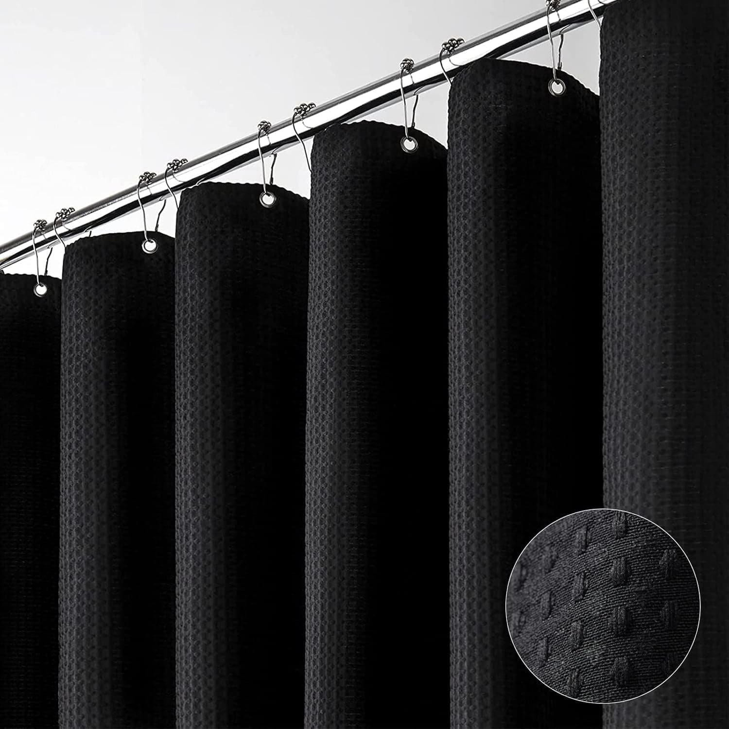 Dynamene Black Fabric Shower Curtain - Waffle Textured Heavy Duty Cloth Shower Curtains for Bathroom, 256GSM Hotel Spa Luxury Weighted Polyester Bath Curtain Set with 12 Plastic Hooks(72Wx72H, Black)