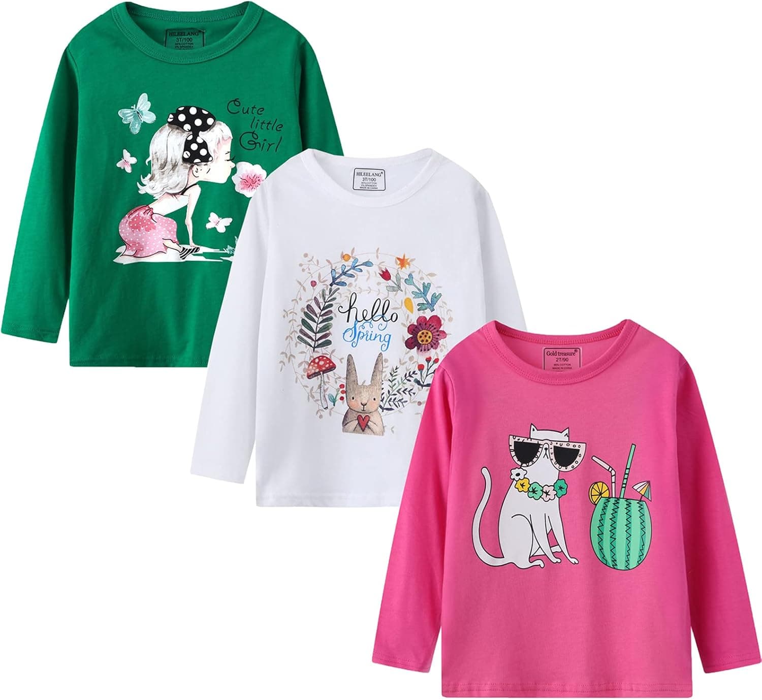 Girl Long Sleeve Tees Tops Shirts Cotton Casual Crewneck Graphic Jersey Tunic T-Shirts 3 Packs Sets