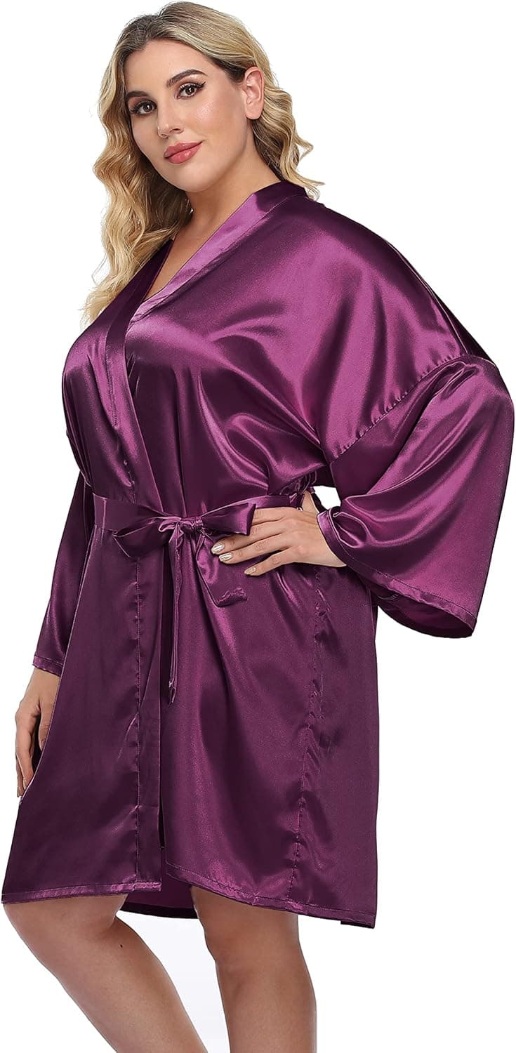 Women's Plus Size Satin Kimono Robes Short Silk Bathrobe Bridesmaid Wedding Party Nightgown Sleepwear