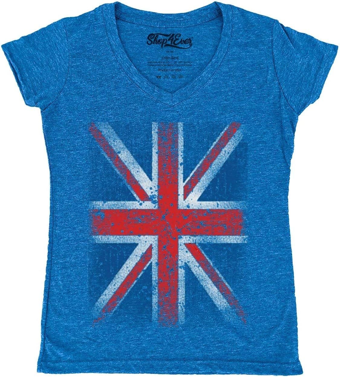 shop4ever Vintage Union Jack British Flag Women's V-Neck T-Shirt United Kingdom Flag Shirts Slim FIT