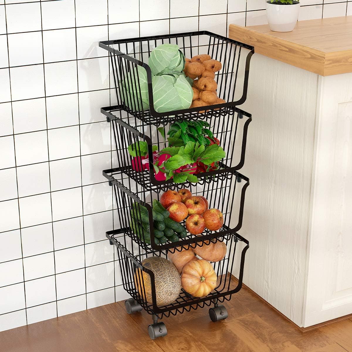 Metal Wire Hanging Organizer Fruit Vegetable Shelves Home Goods Storage Baskets with Rolling Wheels (4-Tier)